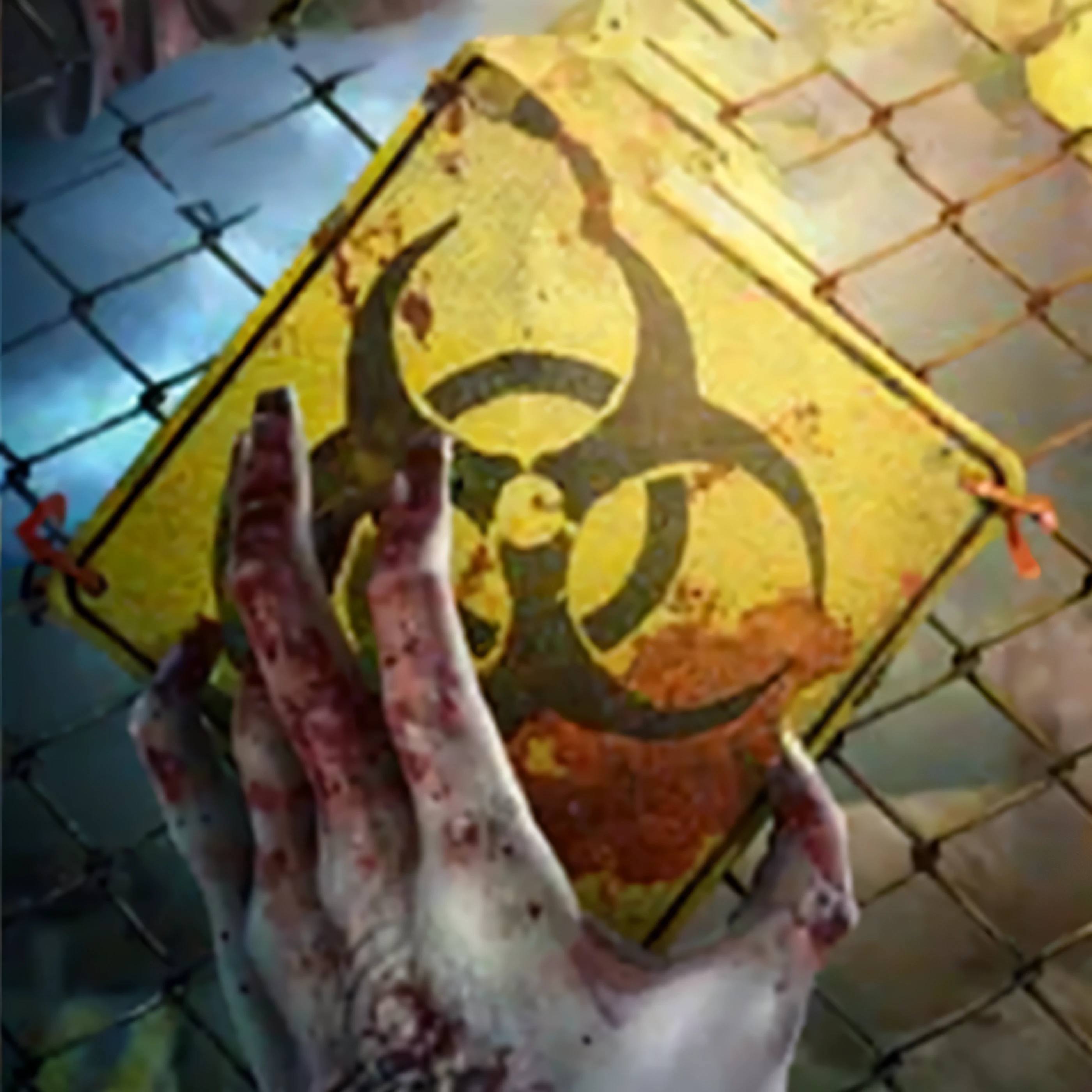 Injured hand wrapped in bandages,zombie hand holding a yellow sign with a biohazard sign on it, during a biohazard apocalypse, biohazard, 7 days to die zombie, resident evil virus concept art, pandemic, zombie arms out in front, background of resident evil game, zombies apocalipsis, zombies attack, zombie apocalypse, toxic waste, zombies, enviroment, nuclear blast imminent