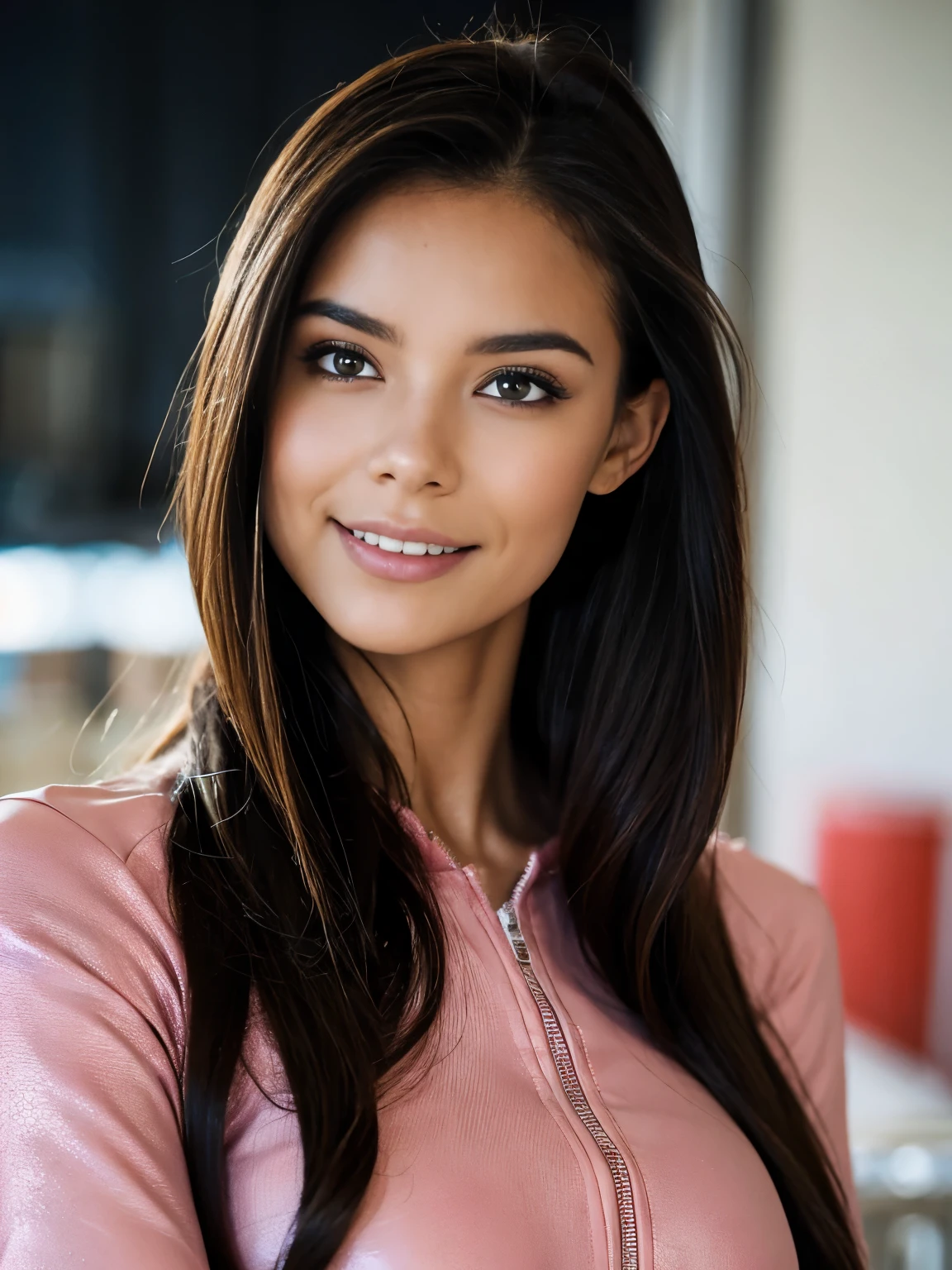 (realistic:1.5), 8k, Super delicate beauty, 1 girl, intricate body details, (short: 1.3), (highest quality: 1.0), (Super high sharpness: 1.0),(Beautiful and delicate depiction of eyes),((((riding a motorcycle)))),unreal engine:1.4, photorealistic:1.4, skin texture:1.4, masterpiece:1.8,highest quality、smile、long limbs、((pink racing suit and long pants))、slender、short hair