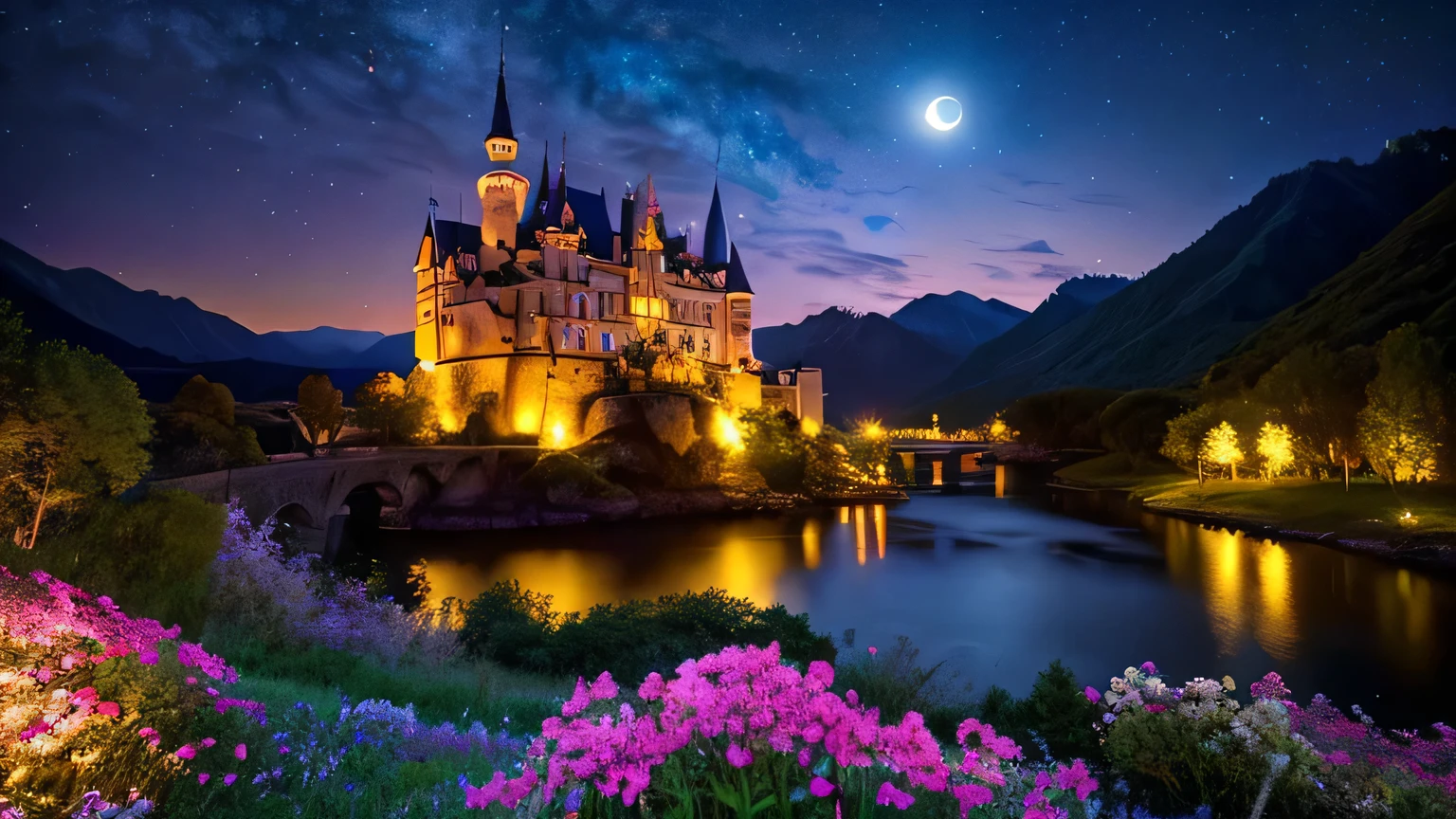 masterpiece, starry sky, many stars, moon, night view, european castle, Pink sheep, Colorful fantasy world landscape, river flowing in the background, flowers blooming in the distance, Mountain, mysterious ancient ruins