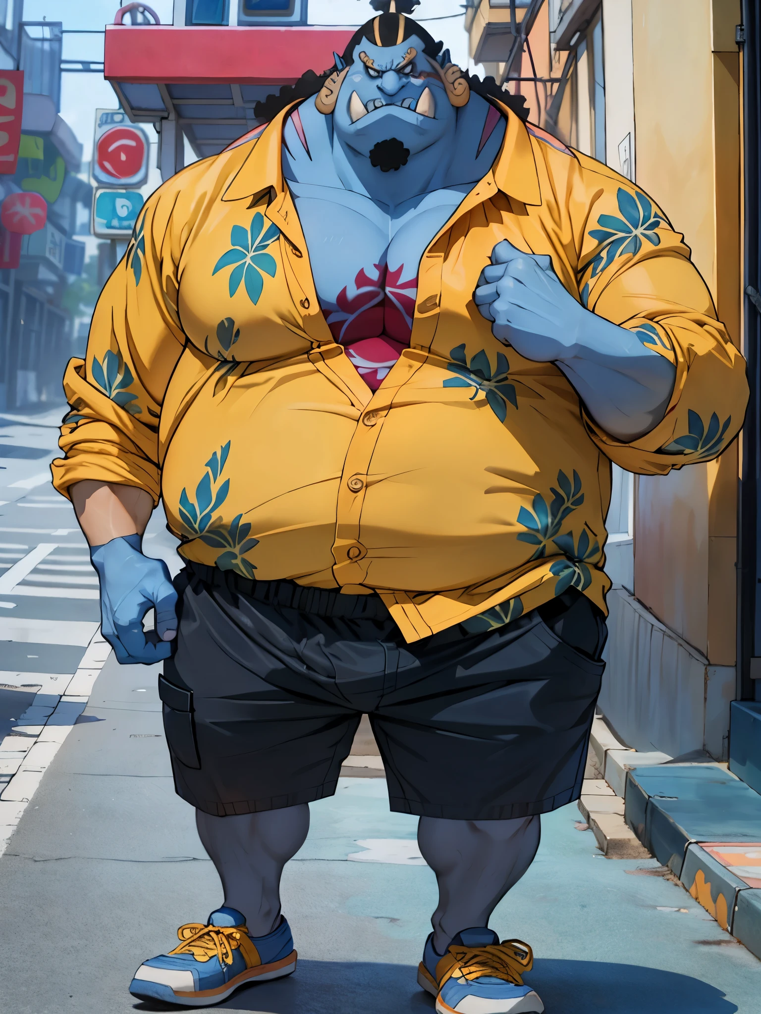 chubby man (jinbei) in street, (blue skin, blue skinned), muscular, pectoral, wide pectoral, beach, palm, realistic, 8k, masterpiece, (wearing underwear and yellow Hawaiian shirt (open shirt), shoes)