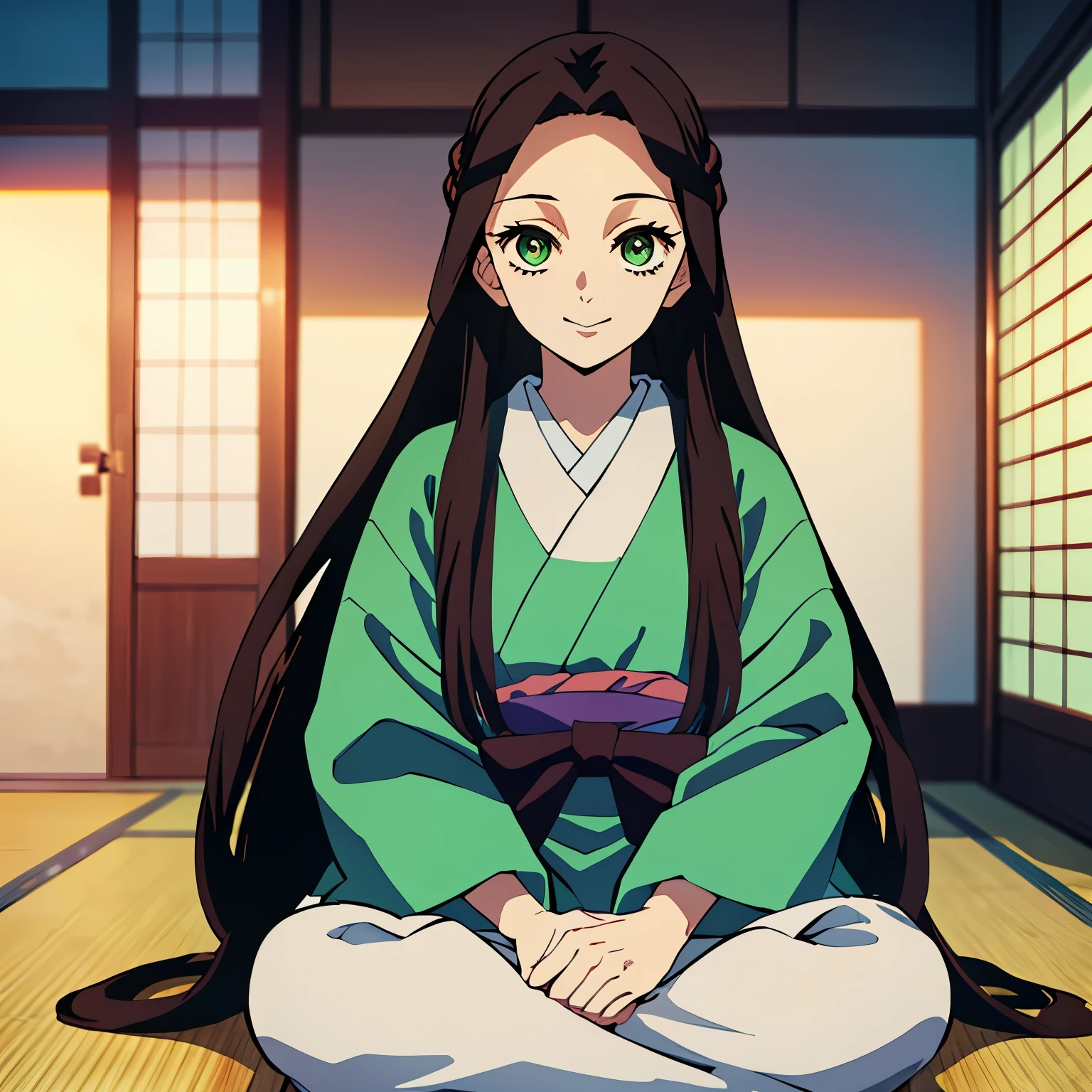 (Best quality:1.2), (a woman:1.1), (long straight hair:1.4), (green eyes:1.1), (details:1.4), Kimetsu no yaiba style, (anime:1.4), (contented smile:1.2), (alone:1.5), Iin a style reminiscent of Kimetsu no Yaiba, the woman sits on a tatami mat floor, enjoying Japanese rice balls with a contented smile. Her appearance is rendered in the anime's characteristic non-realistic style, with exaggerated features and vibrant colors. Her long brown hair flows dynamically, framing her face as she delicately holds a rice ball between her fingers. The room around her is adorned with traditional Japanese decor, evoking the anime's rich aesthetic. Despite the stylized depiction, her presence exudes tranquility and elegance, capturing the essence of the beloved series."