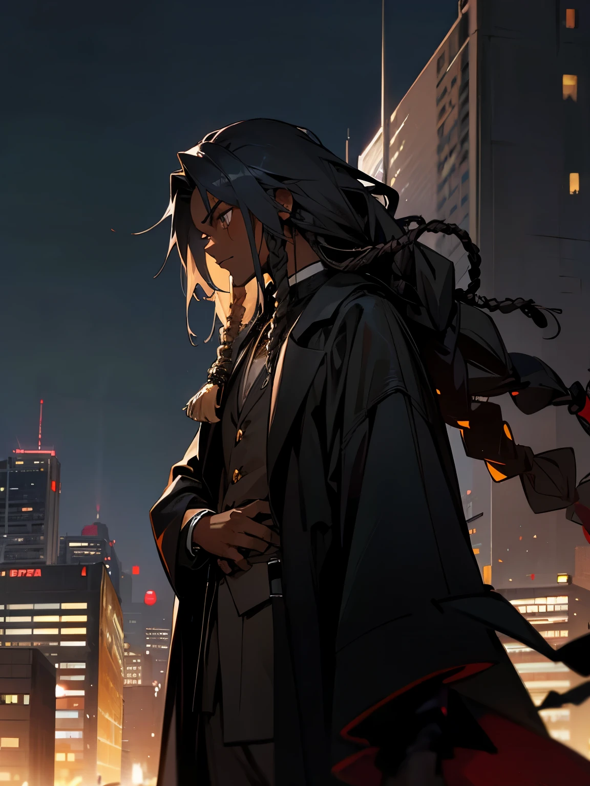 1boy,hair dreadlocks,dark skin,toxido,black coat,city background