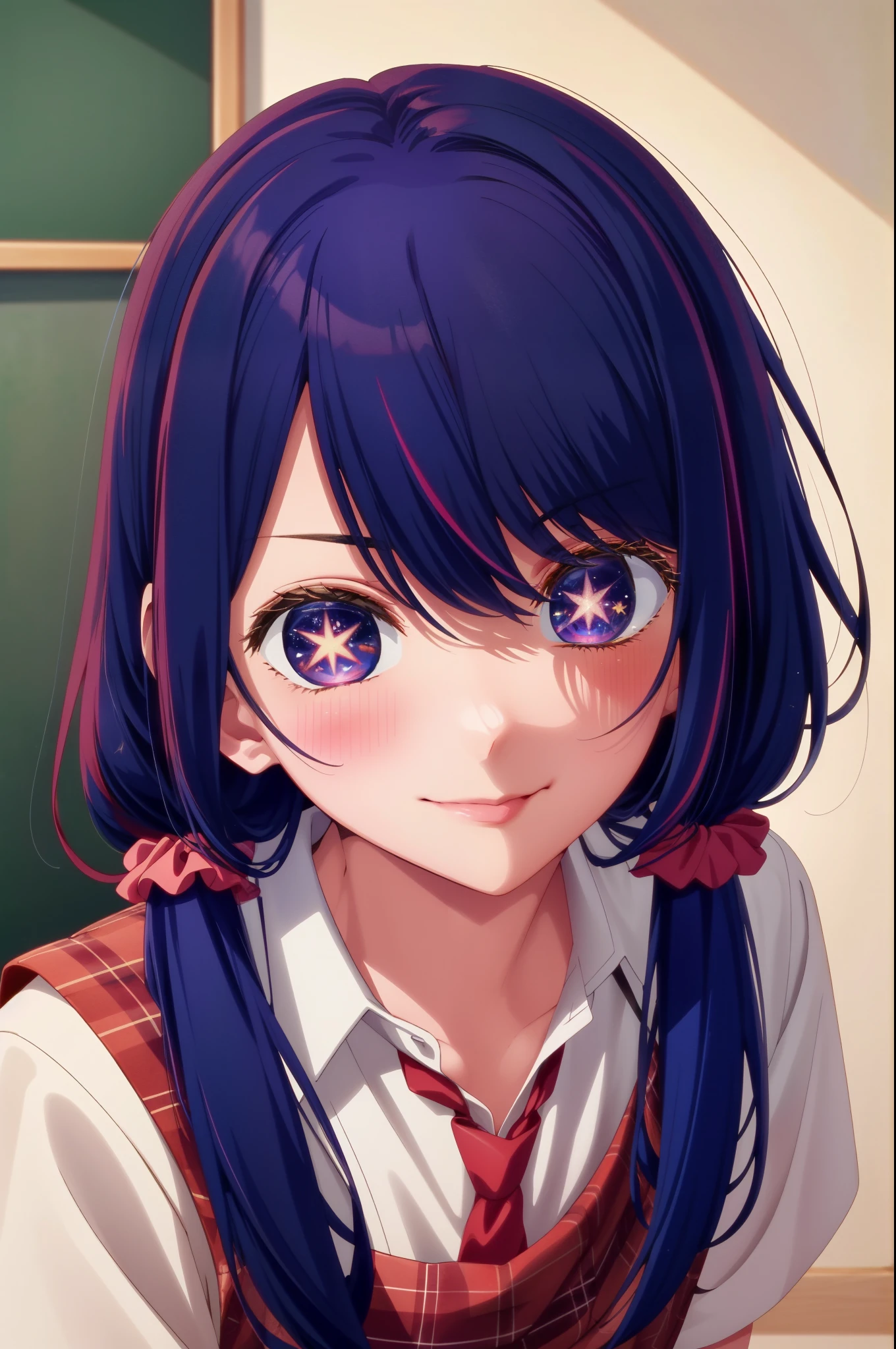 masterpiece, highest quality, 8k, ultra high resolution, highest quality, anime style, best writing, beautiful face, anime style, best lighting, beautiful face, (1 girl), Ai Hoshino, Six-pointed star in the eye, (Colorful atmosphere), blush, cute style, saturated colors, Ai Hoshino, Big eyes, Eyes of Fantasy, purple hair, best smile, blush, hair accessory, (shirt dress:1.3), (Bring out the hem of the shirt:1.3), school uniform, (cleavage:0.8), Rolled up sleeves,Scrunchies on the wrist, red tie, (Plaid red pleated skirt:1.3), close up, School, classroom