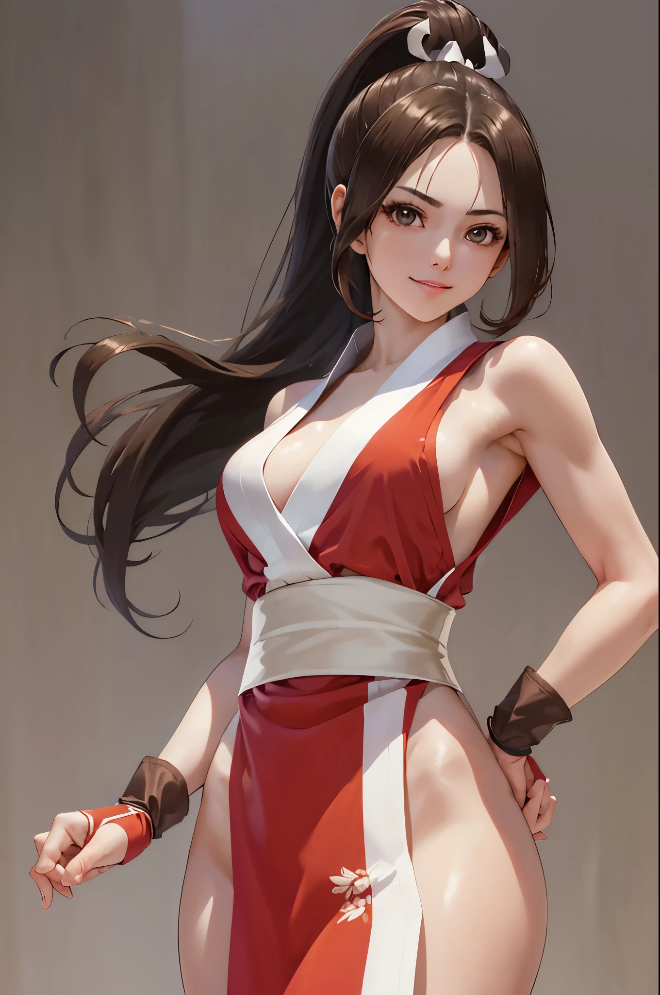 (masterpiece), best quality, expressive eyes, perfect face, highres, 1girl, solo, shiranui mai, brown eyes, long hair, brown hair, white ribbon, sleeveless, ponytail, sash, pelvic curtain, arm guards, gloves, tabi, hands to hip, smiling,standing, upper body portrait, looking at the viewer,