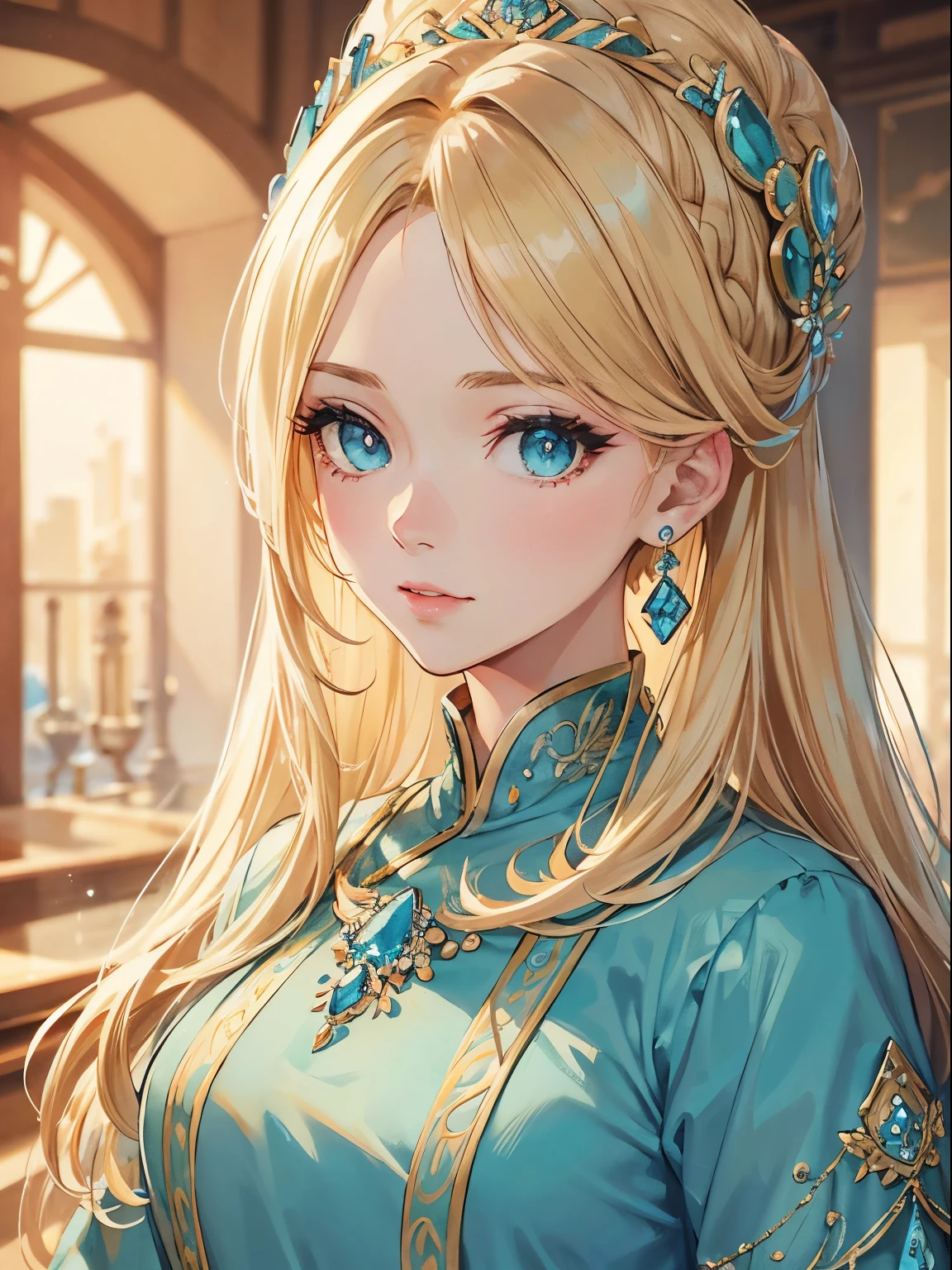 (high definition symmetrical whole body poster art, aerial angle, smile), ((Art Nouveau portrait, goddess of breasts, round face, small breasts, complex designed decorations around the breasts, focus on breasts)), pubic hair, blush, blond, braid,