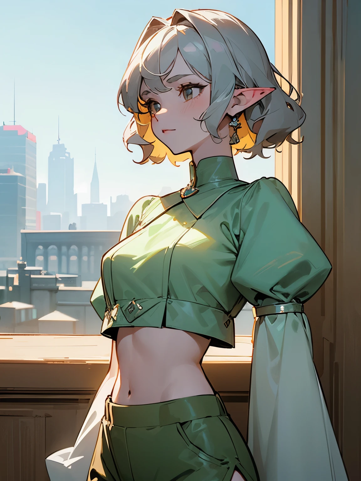 (masterpiece, best quality) detailed, 1Character , blue archive art style , wearing a green crop top , brown shorts , puffy sleeves , elegant , Beautiful woman , pale skin , short hair , wavy hair , silver eyes , elf ears , , athletic build , age 25, , pastel washed out colors , cell shade , city background