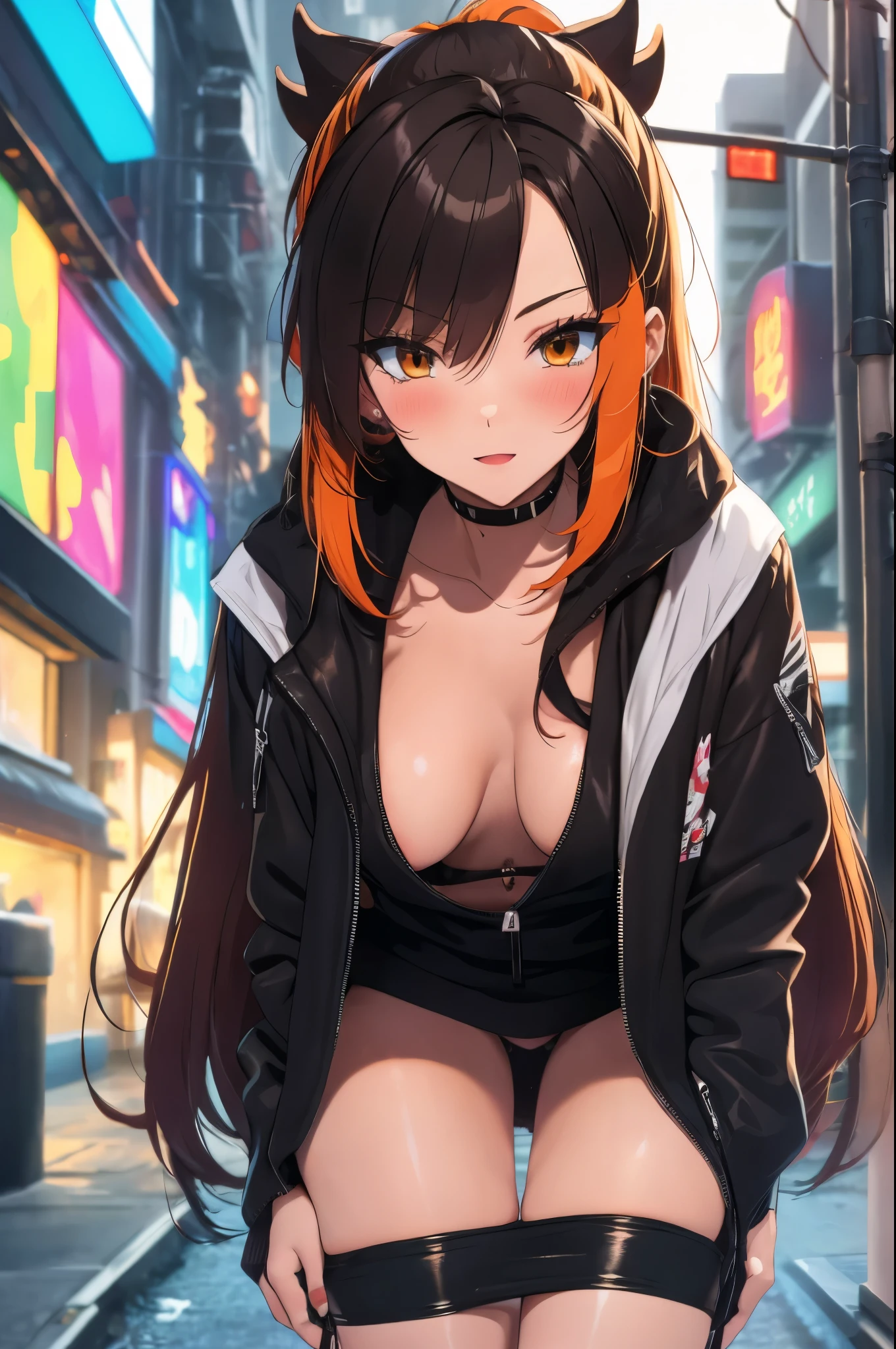 Draw a manga-style character with a physical appearance with this shape of Orange hair with black highlights, tied in two ponytails shaped like jaws, similar a Mawile de Pokémon, ojos rosados, brillante, and expressive and with a slim and athletic build., Atuendo Upper Body Chaqueta de cuero blanca con detalles cyberpunk, such as integrated LED lights or futuristic lines, Bikini deportivo Lower Body en naranja, blanco, y colores negros, blending with cyberpunk style while allowing freedom of movement for physical activities, Personality Creative and curious Always looking for new experiences and forms of expression., Su mente creativa la impulsa a explorar constantemente nuevas ideas y conceptos, longitud largo del cabello, body tattos