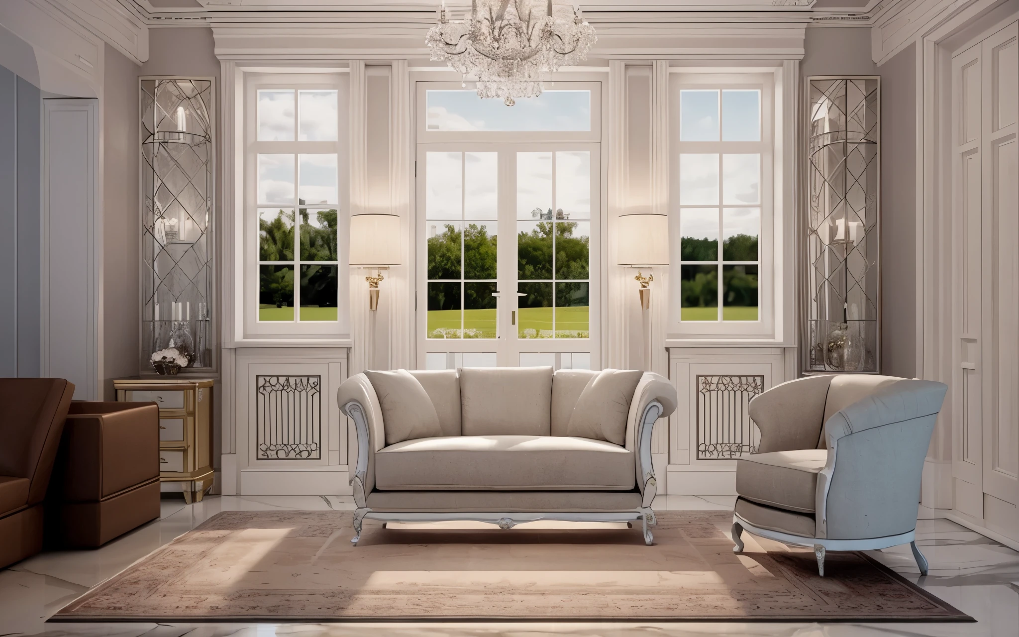 There is a sofa and two chairs in the living room, neo - Classical style, luxury furniture, neoclassicism style, classicism style, neoclassicism style, classicism style, elegant furniture, Classical style, Plate, classical lighting, large windows, classicism artstyle, 18th century style, Elegant and refined, neoclassicism