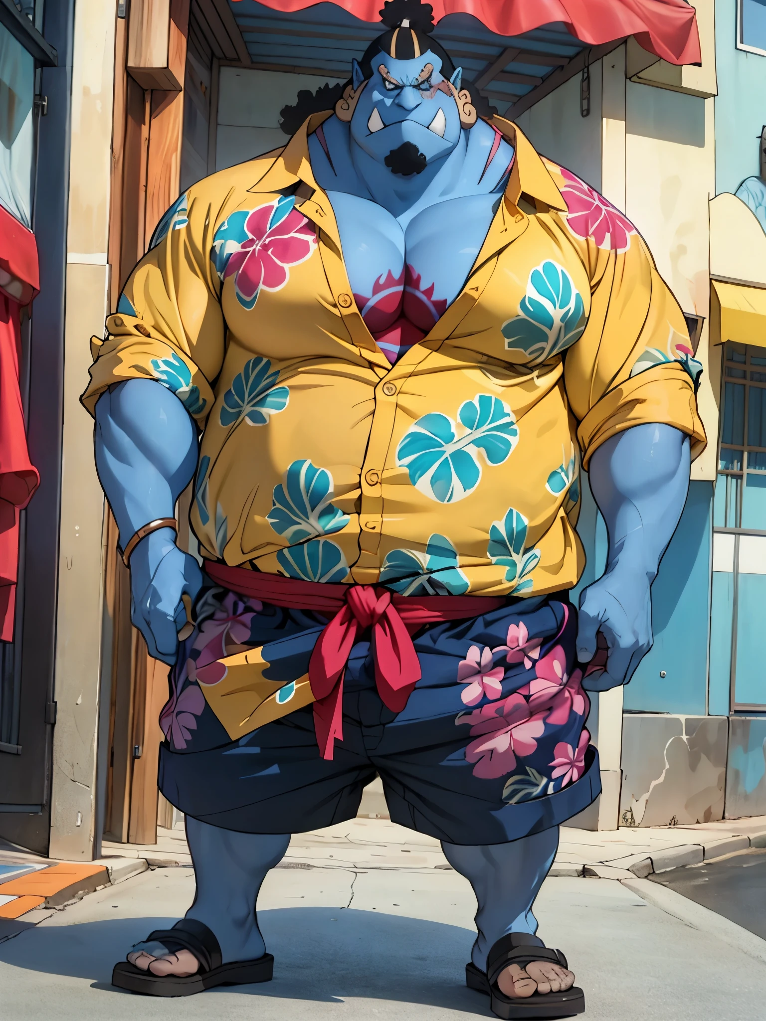 chubby man (jinbei) in street, (blue skin, blue skinned), muscular, pectoral, wide pectoral, beach, palm, realistic, 8k, masterpiece, (wearing shorts and yellow Hawaiian shirt (open shirt), shoes)