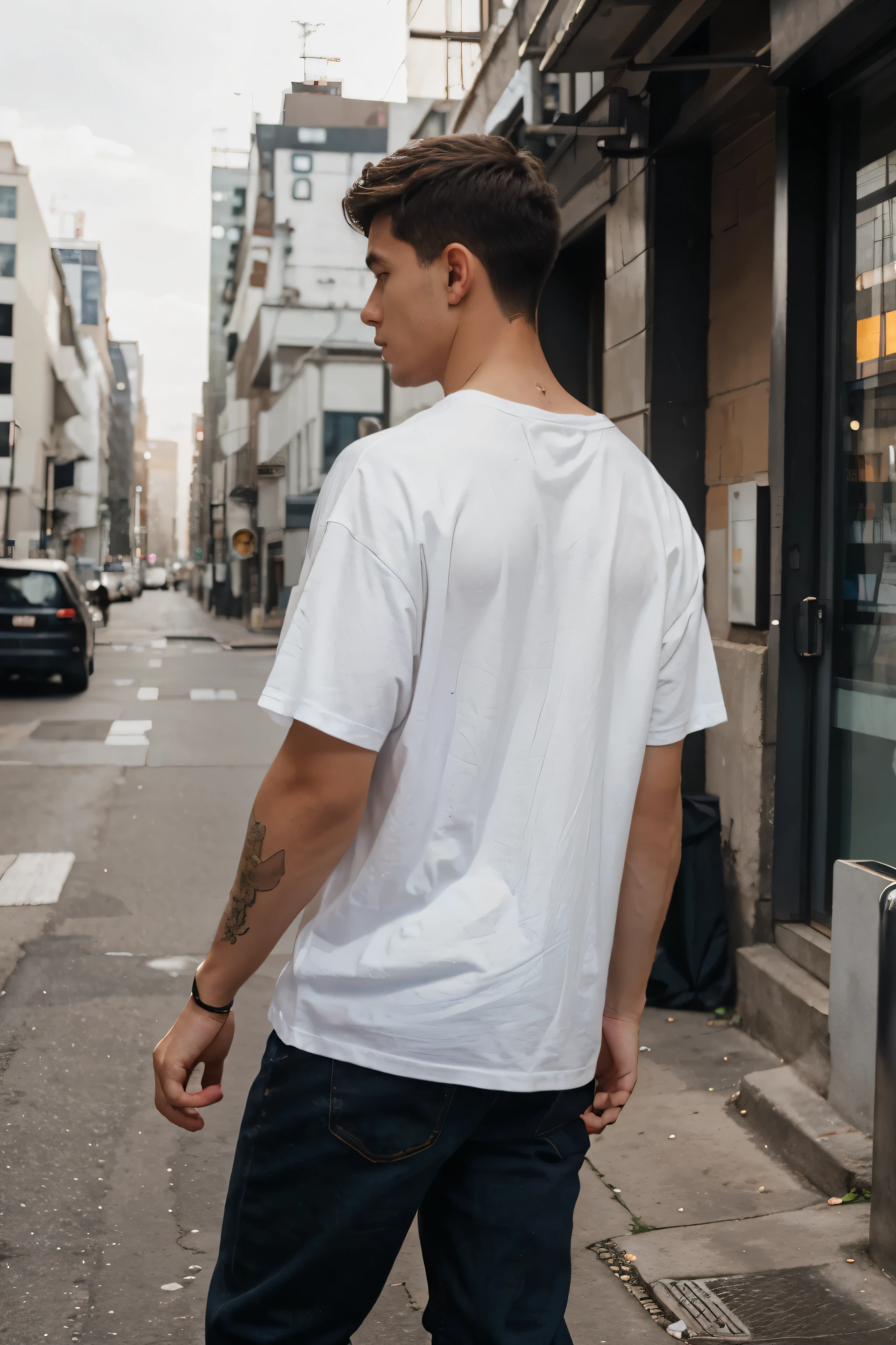 A man wearing a basic oversized white t-shirt, de espaldas a un fondo urbano