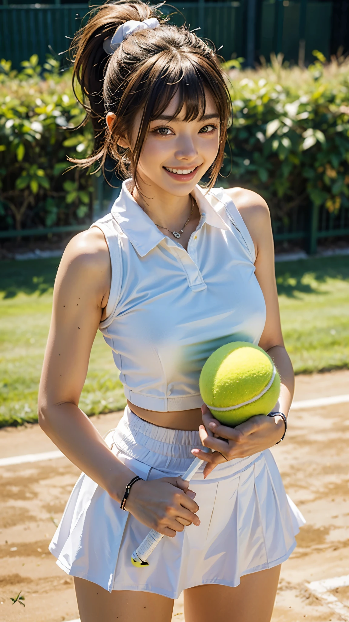 highest quality, masterpiece, ultra high resolution, (realistic:1.4), 20-year-old,1 girl,Super high quality,8k,thinウエスト,thin脚,thin and beautiful arms,beautiful fingers,Sare-eye makeup,thin,Medium chest,soft chest,on the tennis court,tennis racket,Wimbledon Centre Court,tennis ball,Stylish golf wear,mini skirt,((Ponytail and Hair Tie)),((Bangs short hair)),realistic,picture media chest)),((toothy smile)),((big smile))
