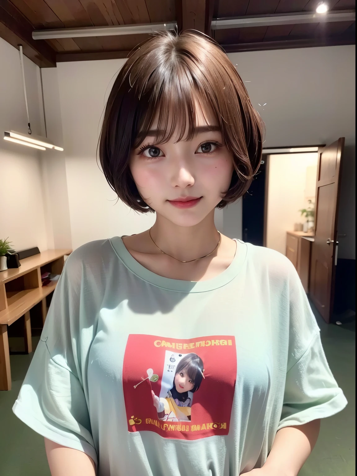 ((highest quality))、(masterpiece:1.4)、Raw photo、8k、((best image quality))、 ((High resolution))、Beautiful face in every detail、realistic human skin、gentle expression、(one woman:1.3 )、realistic、Photoreal、(extra belly short hair:1.4)、(Beautiful woman)、(cute japanese girl)、(boyish:1.35)、((mannish))、((Beautiful woman))、(beautiful hair)、((dark brown hair))、(((red cheeks)))、((sheの目は大きいです))、20 year old beauty、(sheの顔は小さいです:1.7)、small head、((long neck))、white skin、spotless skin、With bangs、Everyone longs for、日本のBeautiful woman、Eight-headed height、(((date)))、((she))、(necklace)、(music festival:1.4)、blue sky、looking at camera、(concert t-shirt)、smile、(oversized clothes:1.3)、happy look、