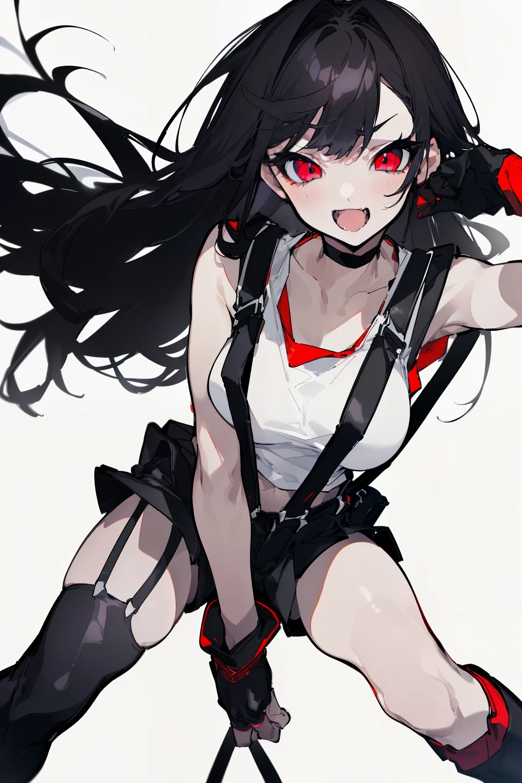 （Highest quality）,Japanese,Long Black Hair,Hime cut,Pussy,Very flat chest,Very thin body,White tank top,Leather skirt,boots,Gloves,Elbow Guard､suspenders