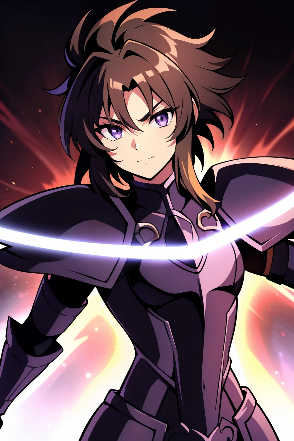 (high-quality, breathtaking),(expressive eyes, perfect face), 1girl, female, solo, half body, armor, dark onyx purple armor, saint seiya armor, spectre armor, fantasy armor, brown hair, short length hair, purple eyes, ( watercolor \(medium\), black background, small smile, zoom out
