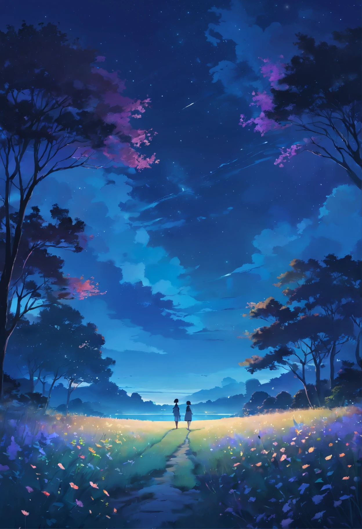 simple landscape, muted colors, flowers in foreground, night sky in background, simple, no people in sight, night time, eerie, dark, oil painting style, soft brush strokes, dreamy atmosphere, subtle moonlight illuminating the scene, casting a faint glow on the flowers, delicate petals and intricate details of the flowers, gently swaying grass in the foreground, adding a sense of tranquility, silhouettes of distant trees against the dark blue night sky, subtle hints of mist floating in the air, creating a mysterious ambiance, subdued color palette, with shades of deep purples, blues, and blacks, subtle textures and layers, enhancing the depth and richness of the painting, capturing a serene and otherworldly feeling, implying a hidden story or a sense of solitude in the quiet night.