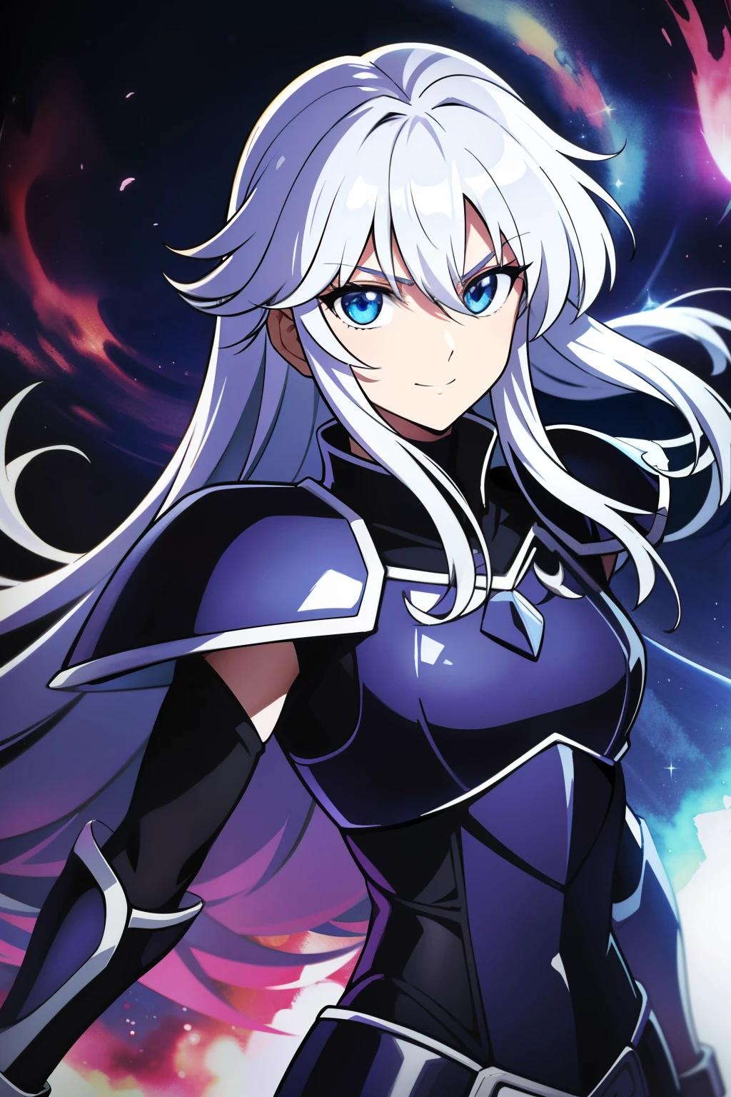 (high-quality, breathtaking),(expressive eyes, perfect face), 1girl, female, solo, half body, armor, dark onyx purple armor, saint seiya armor, spectre armor, fantasy armor, silver hair, medium length hair, blue eyes, ( watercolor \(medium\), black background, small smile, zoom out
