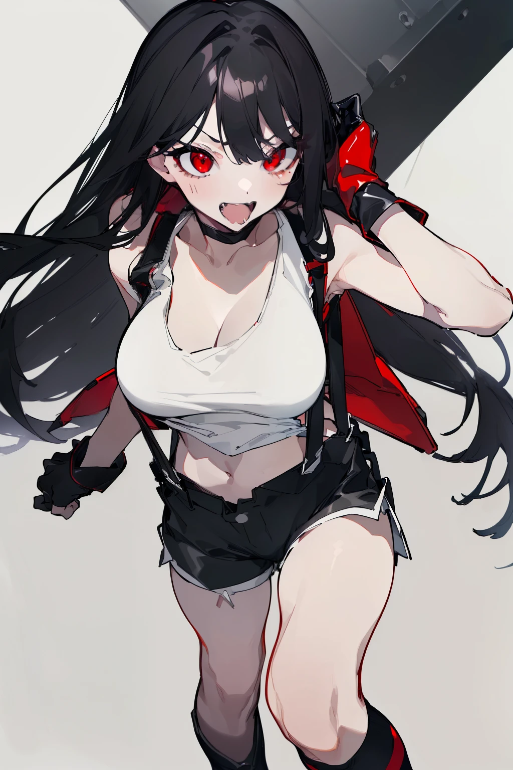 (highest quality、masterpiece:1.2) girl,long black hair、red eyes, big breasts、 (white tank top,suspenders、black hot pants、leather gloves、knee high socks)realistic fantasy rendering, リアルなアニメのgirlのレンダリング, Popular at CG Station, 4k, (a ferocious look,vulgar smile)