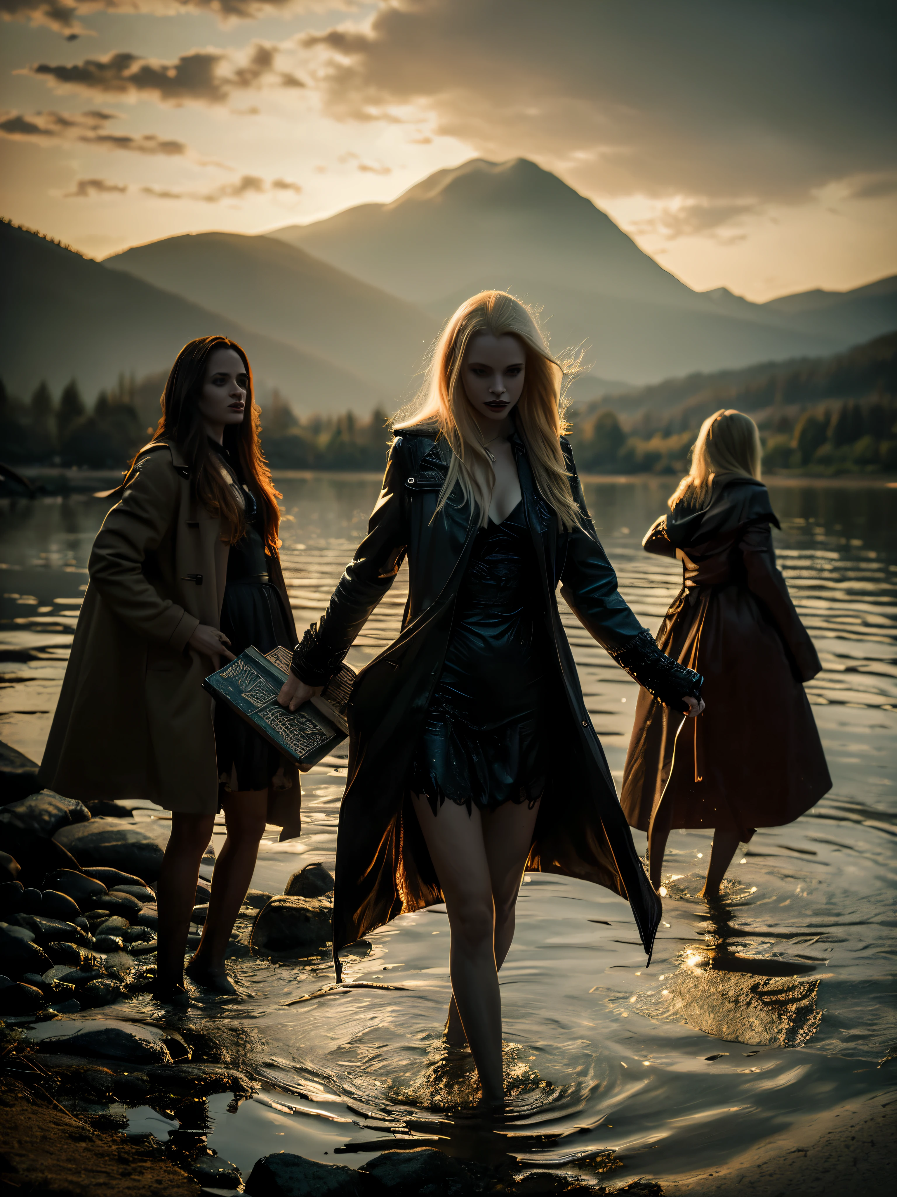 ((Night)) ((a deserted lake)) 3 Vampire women, (full body), 1 brunette, 1 blonde, 1 redhead, pale skin, fangs bared, sexy pale nightgown, looking at viewer, rises out of the water, soaking wet. style of a painted book illustration, dramatic lighting, (depth of field), ((masterpiece)), ((best quality)), ((highly detailed))