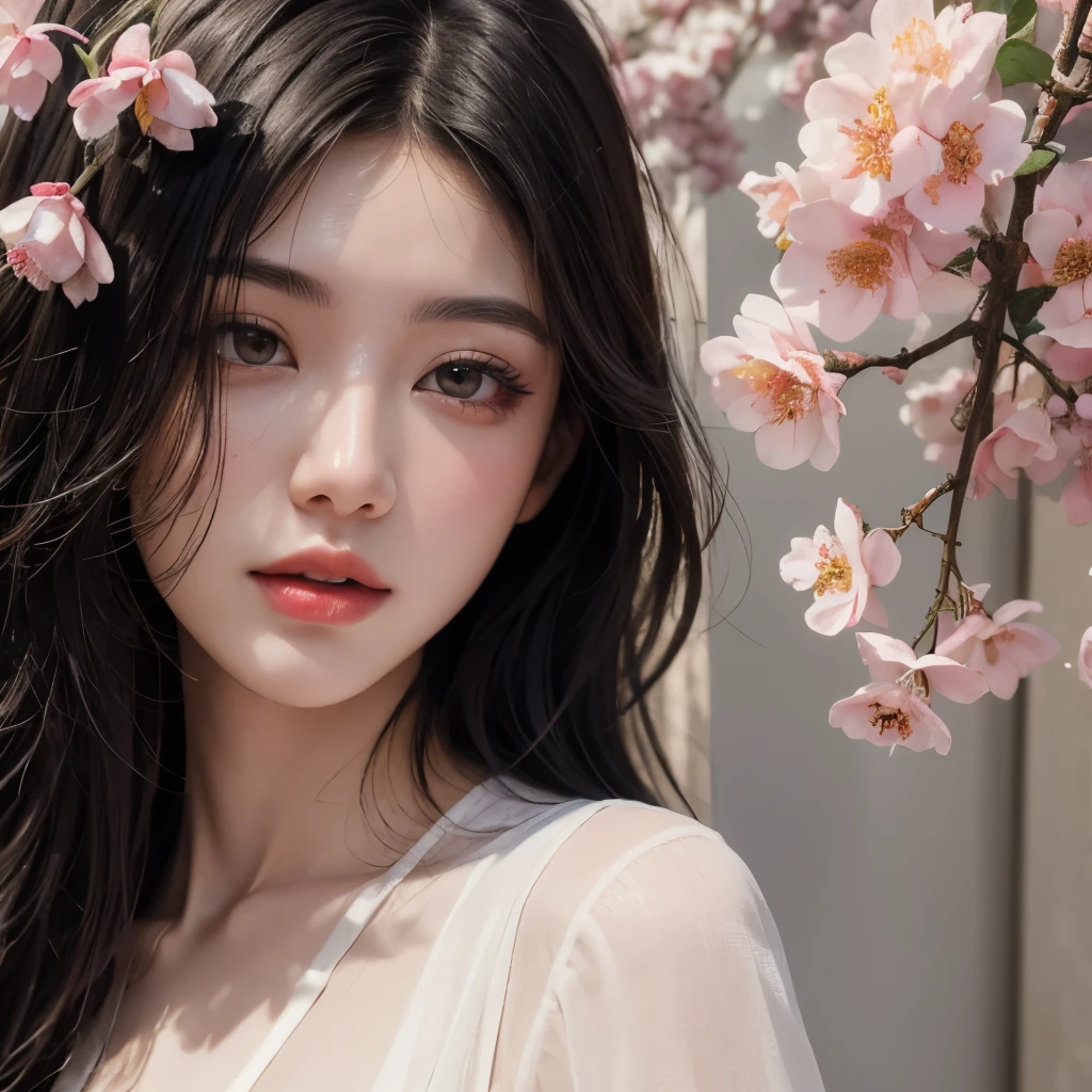 Blue sky and white clouds,Yunshan Garden,pink flowers,Cherry tree,Wearing one-piece black transparent pantyhose,Transparency is clearly visible, size too big、raw,(8k、quality、masterpiece:1.8)、(复杂的detail:1.8)、(realism:1.8)、Octane number renderings、具有超detail的复杂 3D 渲染, Soft studio lighting, Edge light, 充满活力的detail, 超级detail, Realistic skin texture, detail, beautiful eyes, Very detailed CG Unity 16k wallpaper, cosmetic, (Detailed background:2.0), (Full body image),,glowing skin、Paired with black transparent pantyhose