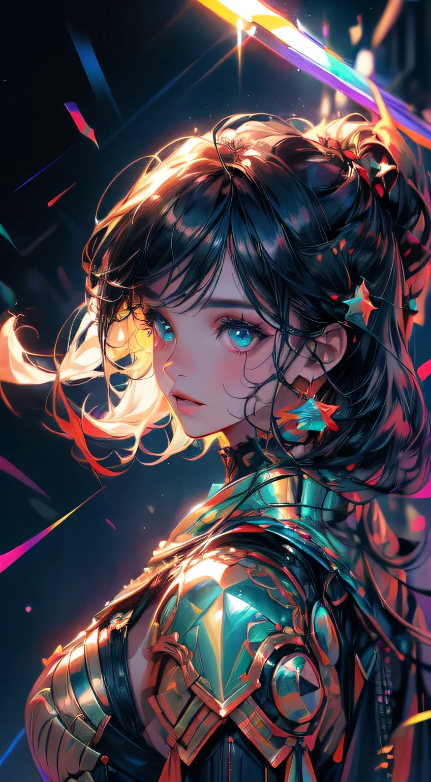 (Best quality,4k,A high resolution:1.2),ultra detailed,(Realistic,photoRealistic:1.37),Bright colors,physically based rendering,professional,sharp focus,hips,Studio lighting,portraits,landscape Girl with a bright and spectacular hairstyle, with rainbow hair, flows down your back.. Hair should be depicted in mesmerizing shades of red.., orange, yellow, green, blue, Indigo, and purple. Colors should blend smoothly with each other., creating a stunning rainbow effect.
She wears intricately decorated turquoise dress armor., which fits her body perfectly.. The armor should have a Realistic texture, with exquisite designs and designs, engraved on it.. Ceremonial armor should have a futuristic and elegant look.., with multiple layers and details, which add depth and dimension to the image.
The girl stands confidently, with a graceful and powerful pose. Her body language should convey strength and beauty... Her face is flawless, with beautiful detailed eyes and lips. Her eyes, there must be, fascinates, with a hint of mystery and depth. Her lips should be lush, with natural color, which complements the overall look.
The background of the image is a cosmic nebula with a rainbow theme... The nebula should have a surreal and otherworldly appearance.., with swirling clouds of cosmic dust and vibrant colors, rainbow-like.. Stars and galaxies are visible in the distance, adding an element of wonder and awe.
The overall image should be ultra detailed, every aspect is carefully crafted to perfection. Every detail must be clear and precise., with an emphasis on realism. Colors should be bright and saturated., enhancing the visual impact of a work of art.
The lighting in the image should be professionally executed, with a Studio lighting setup that highlights the girl and her surroundings. Light should highlight colors and textures.., creating depth and volume.
The art style of the image should be focused on portraits and lan