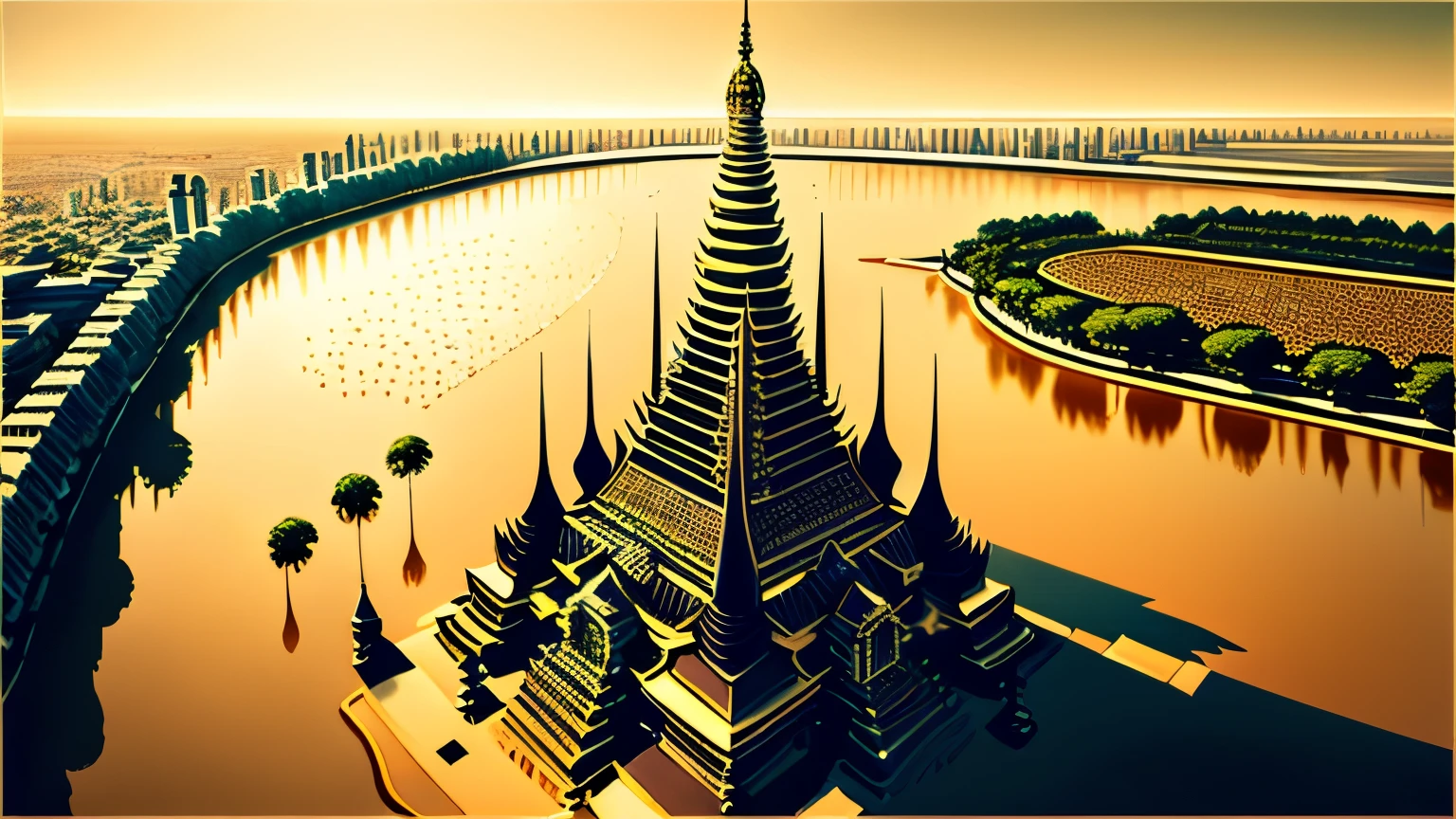 An anime-style aerial view of Bangkok, with a focus on the glittering Wat Arun temple at the heart of the city.
The intricate details of the temple's architecture are highlighted in gold, standing majestically along the riverbank.
The surrounding cityscape basks in the bright, clear sky, showcasing a harmonious blend of tradition and modernity.
