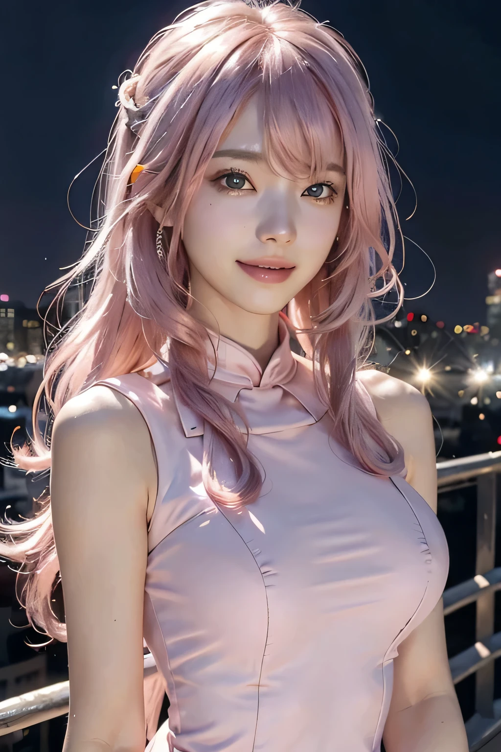 ((((long hair)))), ((((pink hair)))), best quality, 8K, HDR, highres, absurdres:1.2, blurry background, bokeh:1.2, Photography, (RAW photo:1.2), (photorealistic:1.4), (masterpiece:1.3), (intricate details:1.2), 1girl, solo, japanese girl, delicate, beautiful detailed, (detailed eyes), (detailed facial features), , beautiful and clear eyes, detail eye pupil, (((large breasts))), skin tight, (looking_at_viewer), from_front, (skinny), (best quality:1.4), (ultra highres:1.2), cinema light, (extreme detailed illustration), (lipgloss, best quality, ultra highres, depth of field, caustics, Broad lighting, natural shading, 85mm, f/1.4, ISO 200, 1/160s:0.75),1girl, solo, ((smile)), (((slim body))), (ulzzang-6500-v1.1:0.5), upper body, ((((pink formal dress:1.2)))), standing,(pureerosface_v1:0.5), Tokyo street,night, cityscape,city lights, close up, 