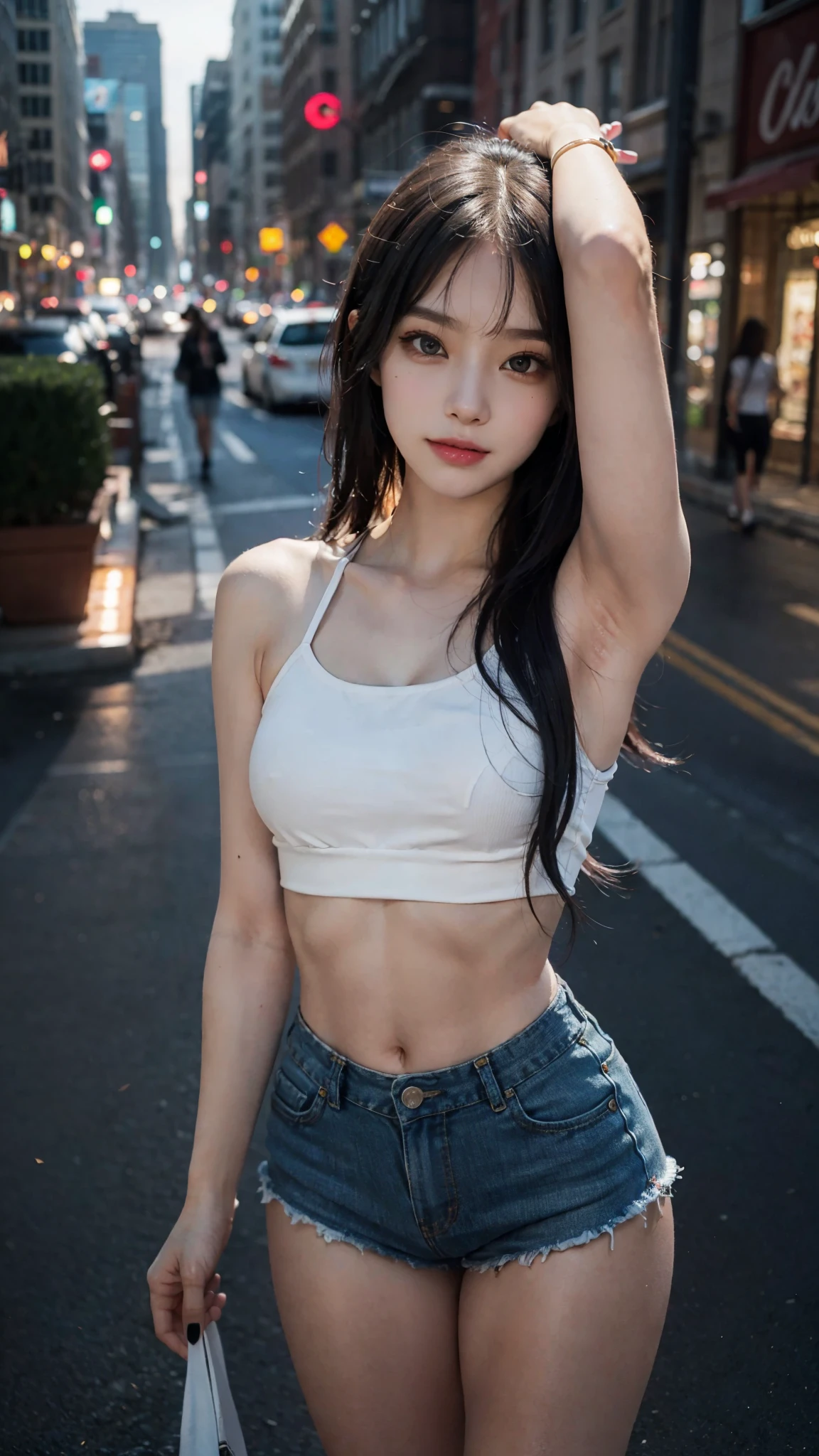 Masterpiece: 1.25, Best quality, High resolution:1.35, RAW photo:1.2, Photorealistic:1.37, Hyper-realistic, 16K, ((1girl)), Cute face, Long eyelashes, detailed eyelashes, eye shadows, glowing eyes, realistic eyes, Natural makeup, Clear facial features, Curvy build, Skinny, Slender body, Fine detailed beautiful eyes: 1.2, Happy Expression, Ulzzang, Erotic thighs, Lustrous skin, Dynamic pose, Cowboy shot, angle from above, (Square neck crop top), Hot pants, Show armpits, Small perky breast, Photon maping, Cinematic lighting, symmetry, Elegance, Standing on the street with cityscape background