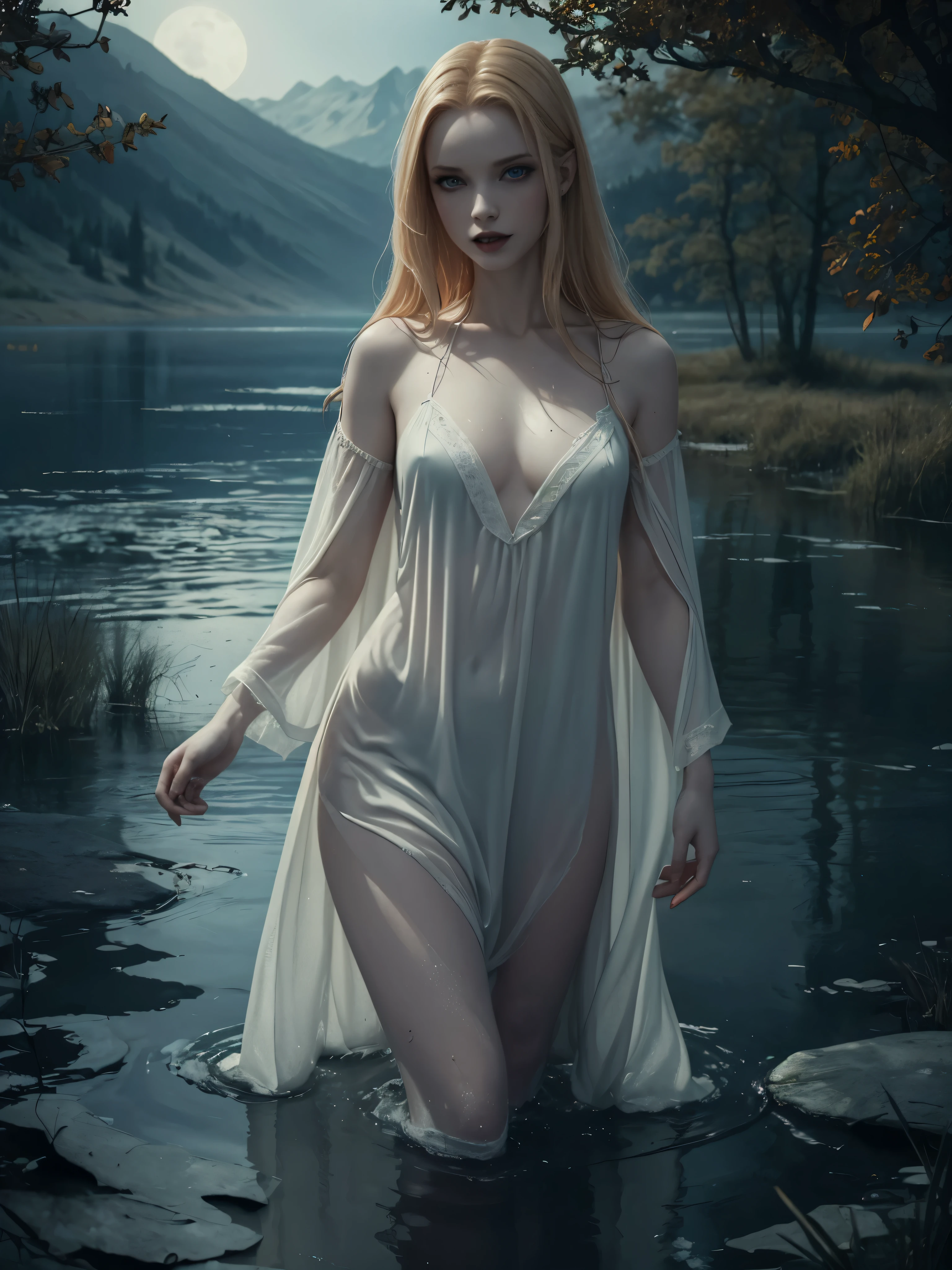 ((Night)) ((a deserted lake)) 3 Vampire women, (full body), 1 brunette, 1 blonde, 1 redhead, pale skin, fangs bared, sexy pale nightgown, looking at viewer, rises out of the water, soaking wet. style of a painted book illustration, dramatic lighting, (depth of field), ((masterpiece)), ((best quality)), ((highly detailed))