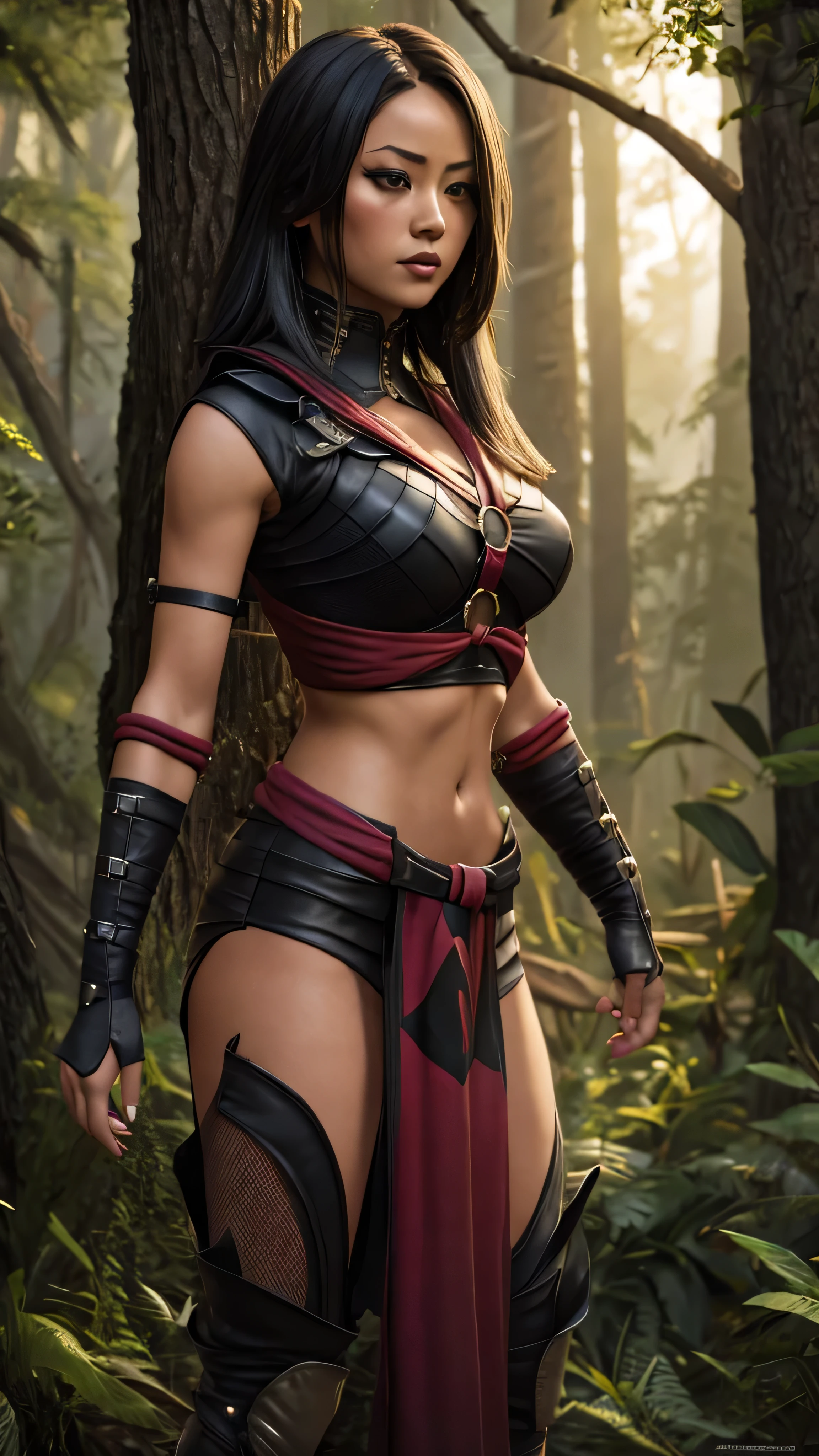 ((Karen Fukuhara)) as sareenamk1 from Mortal Kombat, red eyes, black sclera, (two-tone hair, white streaked hair), bangs, scar, black crop top, o-ring, gloves, midriff, cleavage, loincloth, stockings, high heels, make-up, standing, red sky, woods, seductive, sexy, hot, sultry, shapely, front view, intricate, high detail, sharp focus, dramatic, photorealistic painting art by greg rutkowski