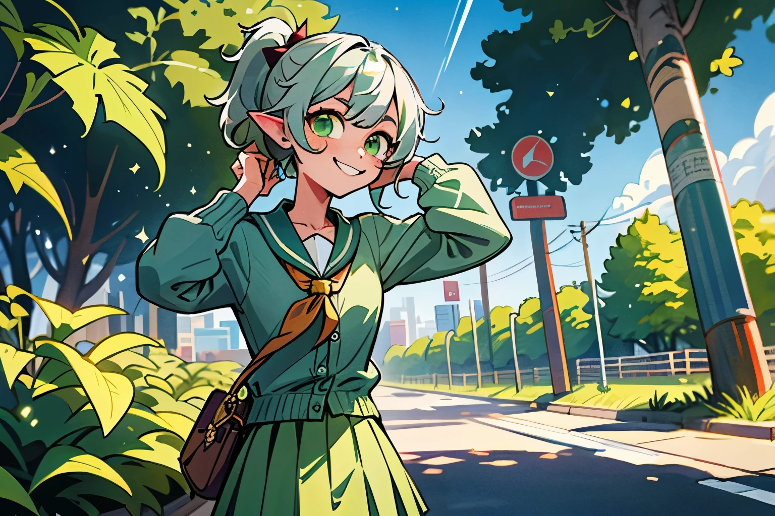 masterpiece , highest quality,Nahida(genshin impact) ,1 girl , small breasts,long hair ,side ponytail, hair ornaments , gray hair , green hair , put your hands behind your head:1.5,colorful hair, goblin , pointed ears , school uniform , skirt ,cardigan,road , street,looking at the viewer、lots of plants、Beautiful Hana、Sparkling、smiling