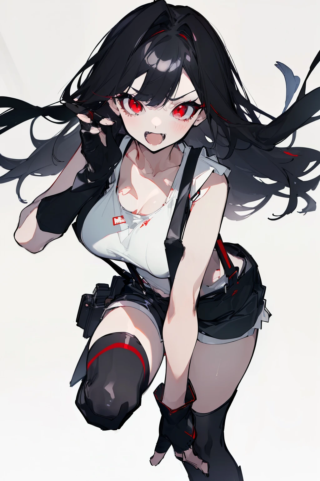 (highest quality、masterpiece:1.2) girl,long black hair、red eyes, big breasts、 (white tank top,suspenders、black hot pants、leather gloves、knee high socks)realistic fantasy rendering, リアルなアニメのgirlのレンダリング, Popular at CG Station, 4k, (a ferocious look,vulgar smile)