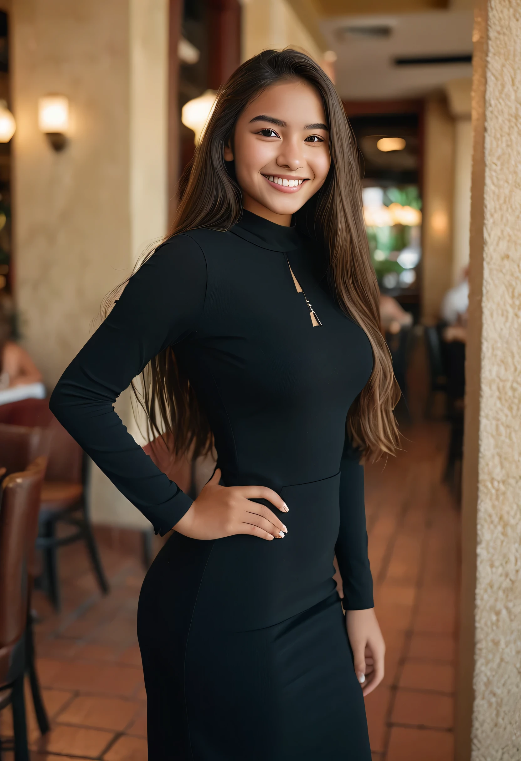 18 year old woman, full body, highly detailed face, smile, long hair, latina, background elegant restaurant, black dress, defined eyes, lifelike texture, nikon d850, film stock photograph ,4 kodak portra 400 ,camera f1.6 lens ,rich colors ,hyper realistic 8k