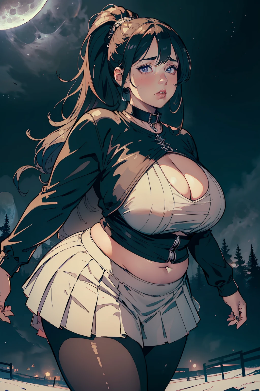 (Masterpiece, High Quality, 1 woman, SSBBW, 600-pounds, saggy belly, dimpled face, wearing: leggings, pleated skirt, sports top, high ponytail, high boots, long fur jacket, on a: foggy, moonlit night, in a: ghost town, Detailed Face, Hyper Detailed Eyes: (big, expressive, with wrinkles and creases), Detailed Lips: (full, plump, with lines and textureetal Chained-Collar in Neck, Lineart, Cinematic Lighting: (soft, ethereal, emanating from the moon), Dynamic Sh