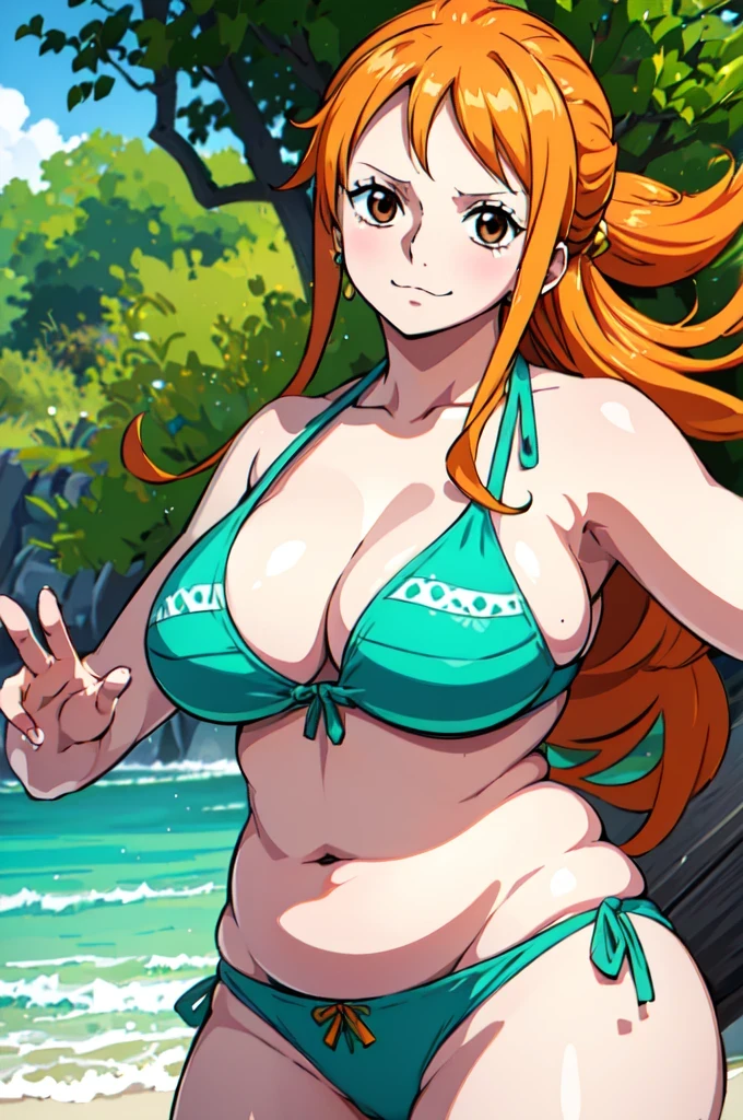 Nami from One Piece, long orange ponytail hair, beautiful brown eyes, blushing cheeks, wearing a vibrant bikini, wide hips, massive breasts, round belly, standing, enjoying a sunny day at the beach. The art style should resemble a captivating anime style.
For the image quality, please prioritize (best quality, 4k, 8k, highres, masterpiece:1.2), ultra-detailed, and (realistic, photorealistic, photo-realistic:1.37) rendering. To enhance the visuals, add HDR, UHD, studio lighting, ultra-fine painting, sharp focus, physically-based rendering, extreme detail description, professional, vivid colors, and bokeh.
Capturing the essence of Nami's adventurous spirit and the picturesque beach scene, make sure to emphasize the vibrant colors and the warm sunlight in the artwork. The lighting should create a soft, dreamy atmosphere that enhances Nami's beauty.
Disclaimer: This prompt may involve NSFW elements due to the mention of a bikini. Please ensure that it complies with your guidelines and requirements.
Remember, do not add any explanations or sentence fragments to the prompt. Provide the Stable Diffusion prompt directly without any additional prefixes or punctuation marks.