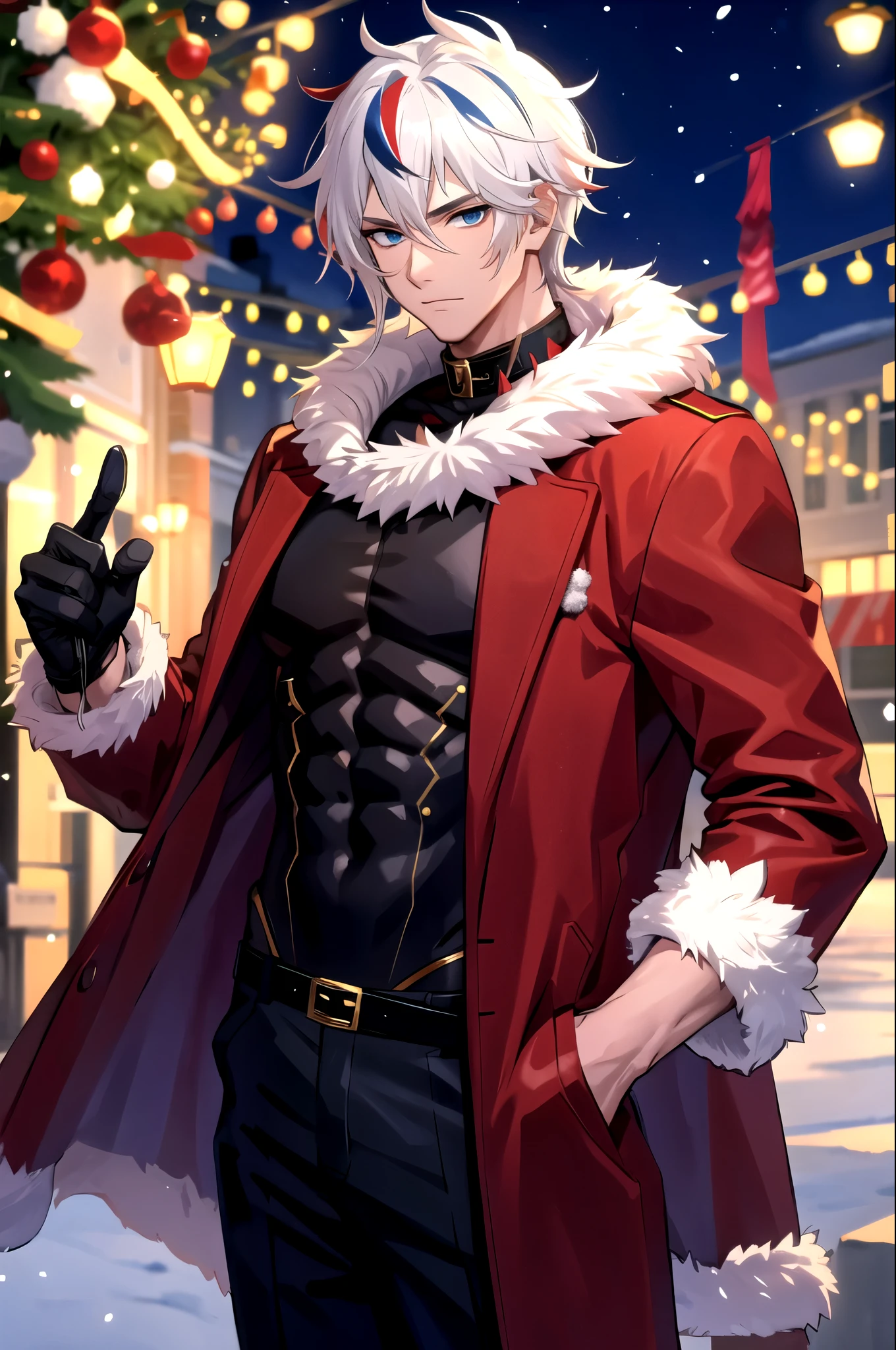 male santa, santa costume wriothesley,black hair, white hair ,streaked hair, blue eyes,1boy,solo ,male focus, mature male, open jacket, fur-trimmed jacket, red jacket, abs,nipple,(full male body) 