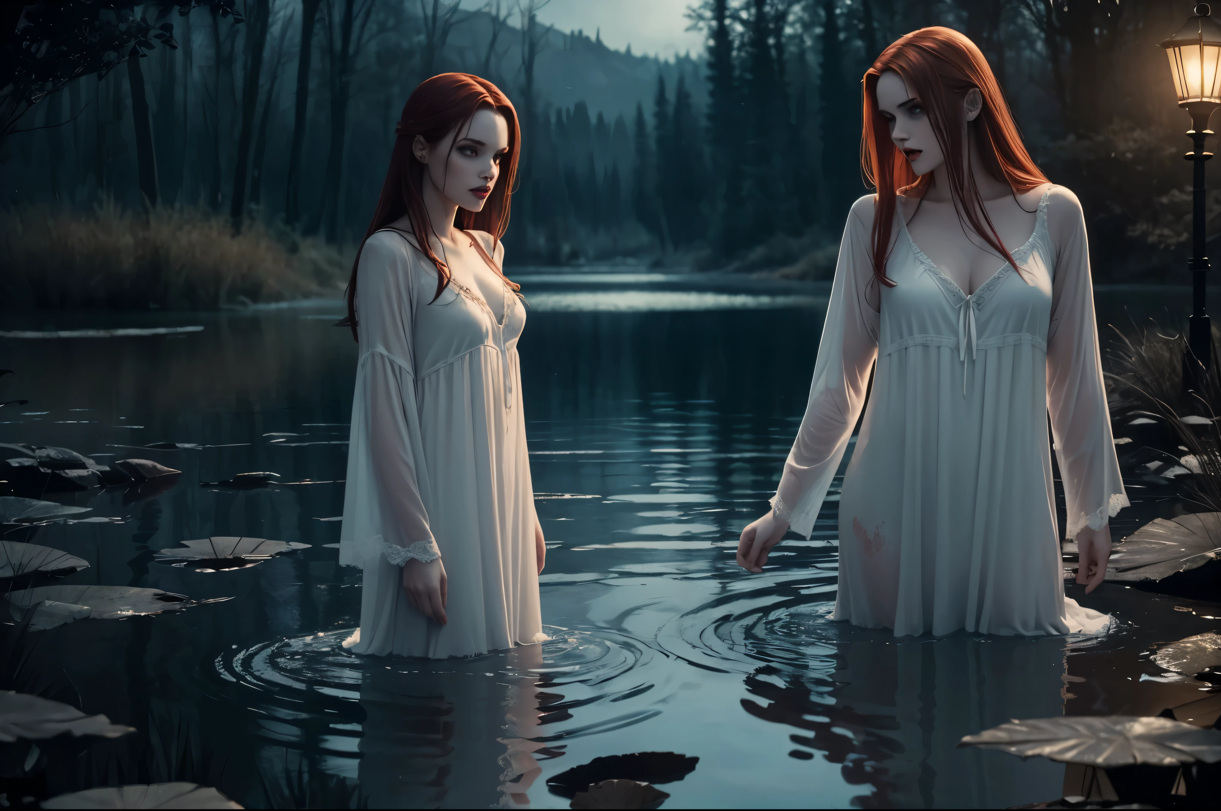 ((Night)) ((a deserted lake)) 3 Vampire women, (full body), 1 brunette, 1 blonde, 1 redhead, pale skin, fangs bared, sexy pale nightgown, looking at viewer, rises out of the water, soaking wet. style of a painted book illustration, dramatic lighting, (depth of field), ((masterpiece)), ((best quality)), ((highly detailed))