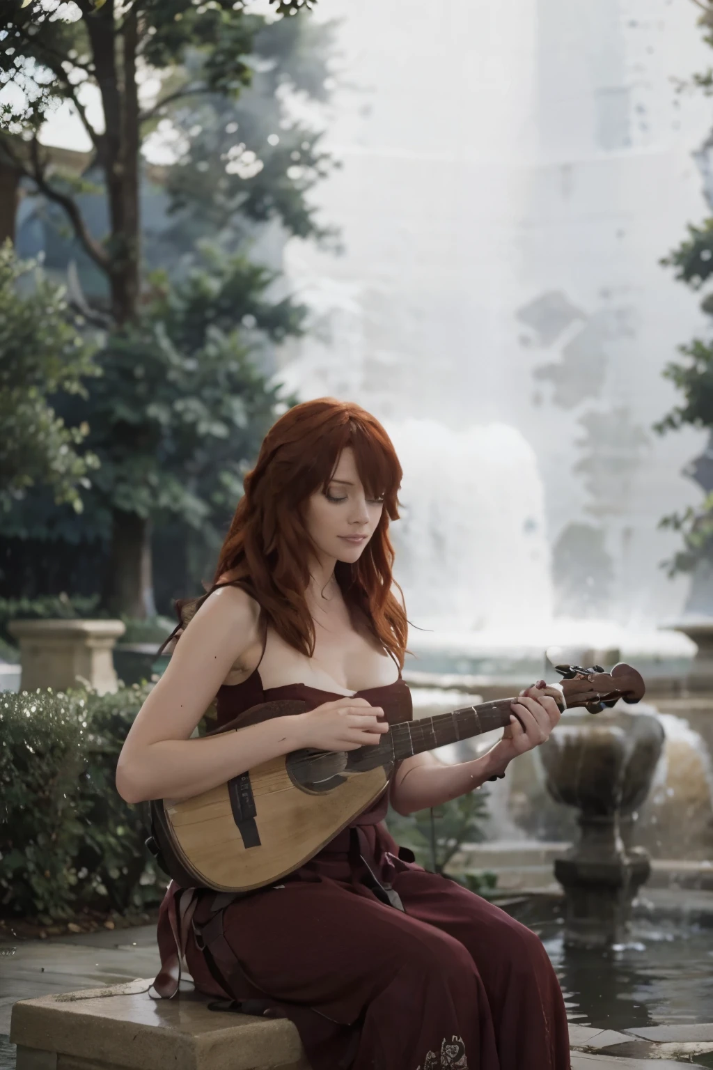 Beautiful girl. Devola. Redhead. Sitting in front of a fountain. Playing the guitar