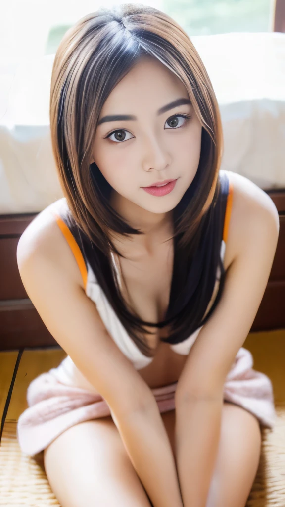 beautiful japanese woman、double eyelid beautiful eyes、straight hair、no makeup、university student、small breast nipples、sit on the floor、skinny、pat shoulders、fair skin、look at me、Clear display from the thigh up