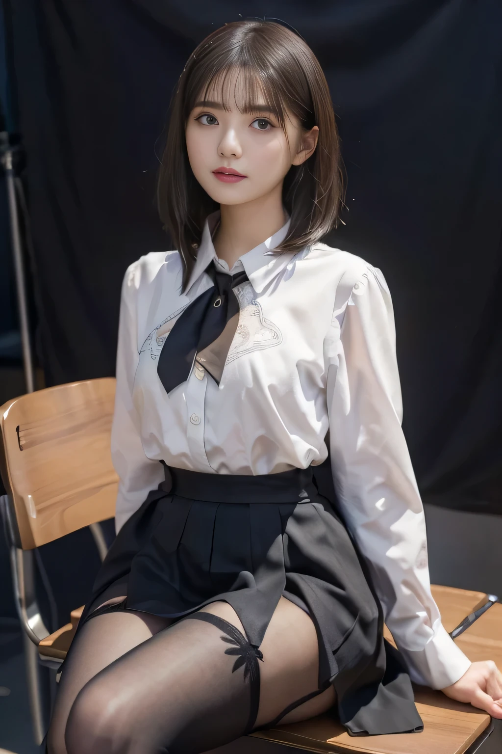 (Elite secretary in light-colored lingerie), sit on the chair，working in office、 (wear pantyhose)、(short layer hair)、 Wear high-end high heels、 (stockings and skirt), shirt secretary, merchant,  wear a shirt and skirt, business attire, Professional attire, original photo, (8k、top quality、masterpiece:1.2)、(intricate details:1.4)、(realism:1.4)、Octane number renderings、Complex 3D renderings with ultra-details,  Vibrant details, Super details, Realistic skin texture, Detailed production, beautiful details eyes, Very detailed CG Unity 16k wallpaper, Makeup - Makeup, (Detailed background:1.2), skin shiny、bare on thighs!!!,