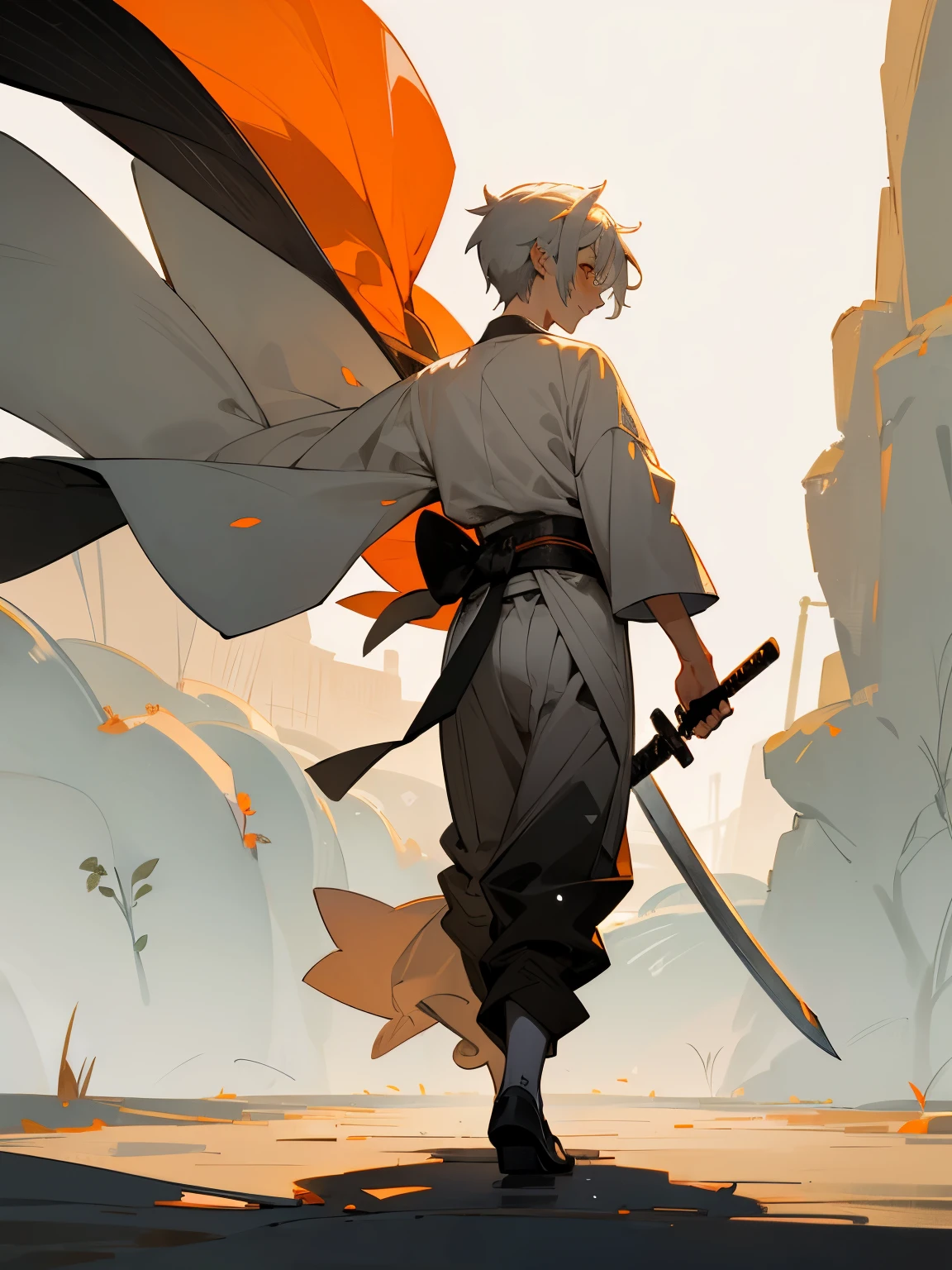 1male, young, smiling, short scruffy hair, silver hair, finely detailed orange eyes, black and white kimono, village background, walking on a path, sword on back, sheathed sword, swordsman