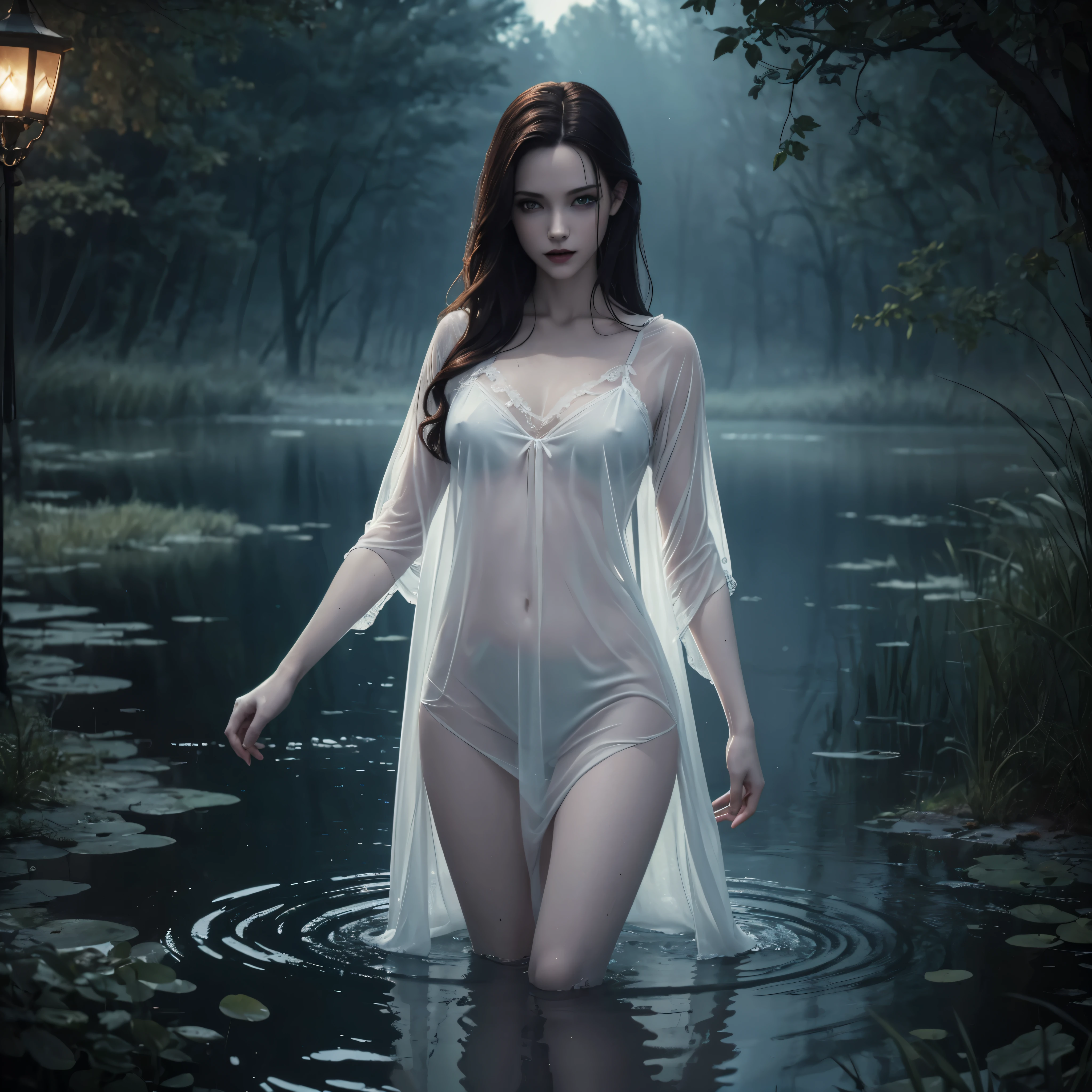((Night)) ((a deserted lake)) 3 Vampire women, (full body), 1 brunette, 1 blonde, 1 redhead, pale skin, fangs bared, sexy pale see-thru nightgown, looking at viewer, rises out of the water, soaking wet. style of a painted book illustration, dramatic lighting, (depth of field), ((masterpiece)), ((best quality)), ((highly detailed))