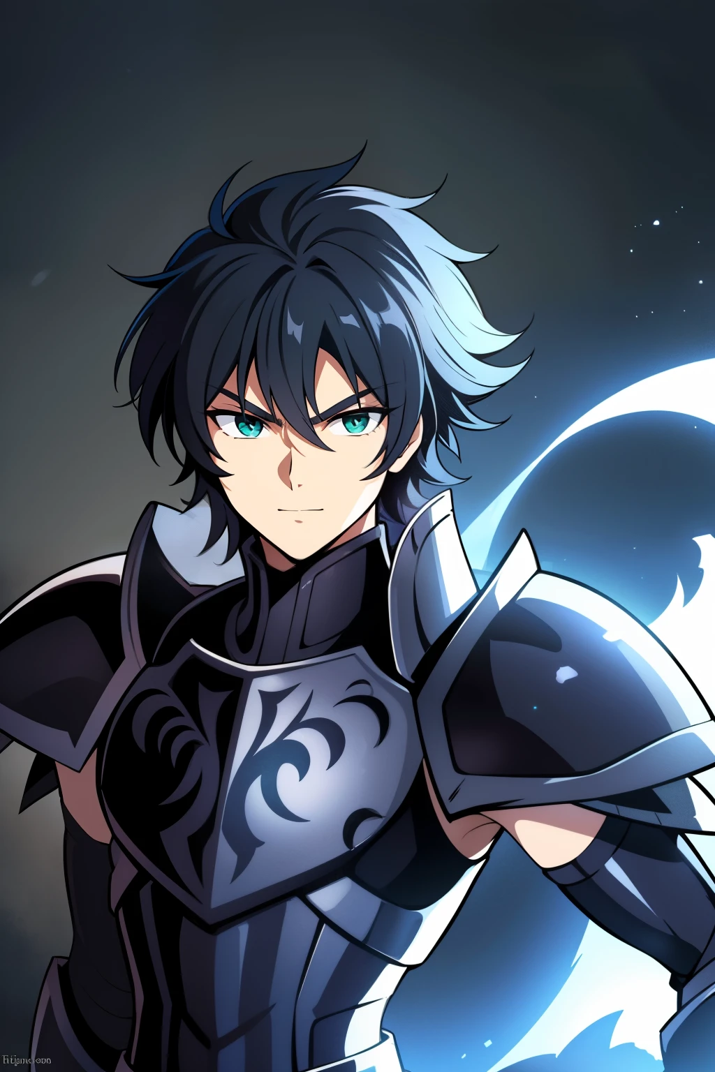 (high-quality, breathtaking),(expressive eyes, perfect face), 1boy, male, solo, half body, armor, dark onyx purple armor, saint seiya armor, spectre armor, fantasy armor, black hair, short length hair, green eyes, ( watercolor \(medium\), black background, small smile, zoom out
