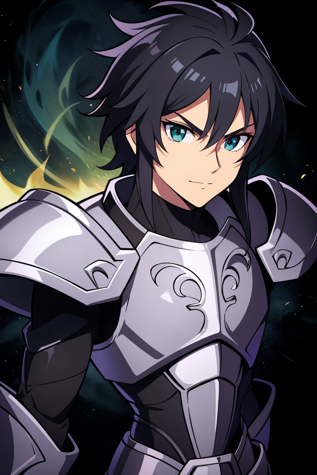 (high-quality, breathtaking),(expressive eyes, perfect face), 1boy, male, solo, half body, armor, dark onyx purple armor, saint seiya armor, spectre armor, fantasy armor, black hair, short length hair, green eyes, ( watercolor \(medium\), black background, small smile, zoom out
