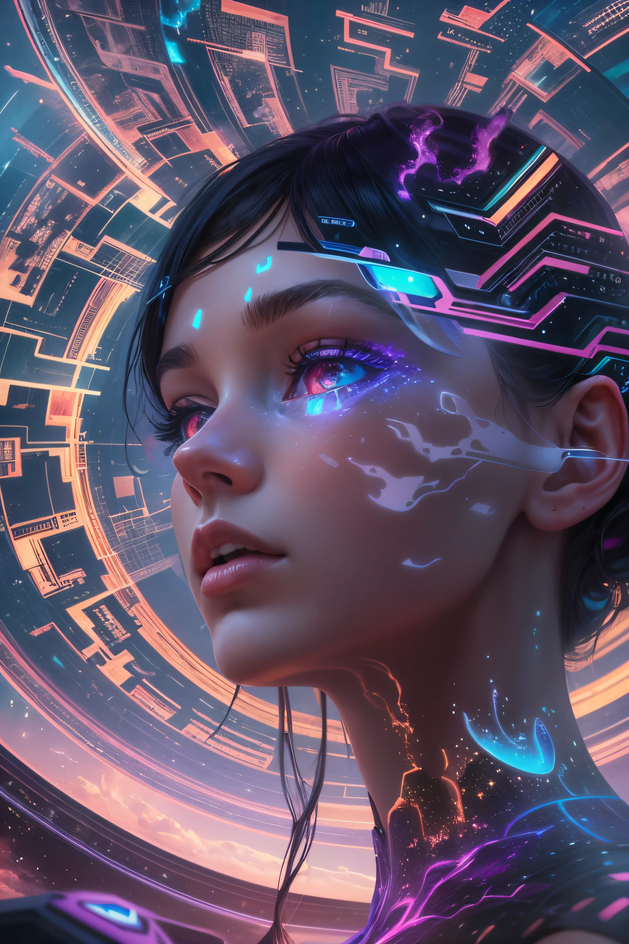 Estilo Dubrec,Girl virtual holographic digital avatar,Futuristic magnificent starry sky image foreground,(Multiple exposure:1.8),Complex illustrations in surrealist art style,Sonhos surreais,Become an invisible virtual hologram,Avatar de pessoa transparente,Virtual holographic digital imaging,arte surreal, Surrealismo 4K, retrato surreal, Belo retrato surreal, arte digital hiperrealista, arte surreal e fantasia, arte digital hiperrealista, retrato surrealista, ultra realistic art, Arte Surreal Emocional, surrealismo de fantasia, Surrealismo 8K, Arte conceitual surreal