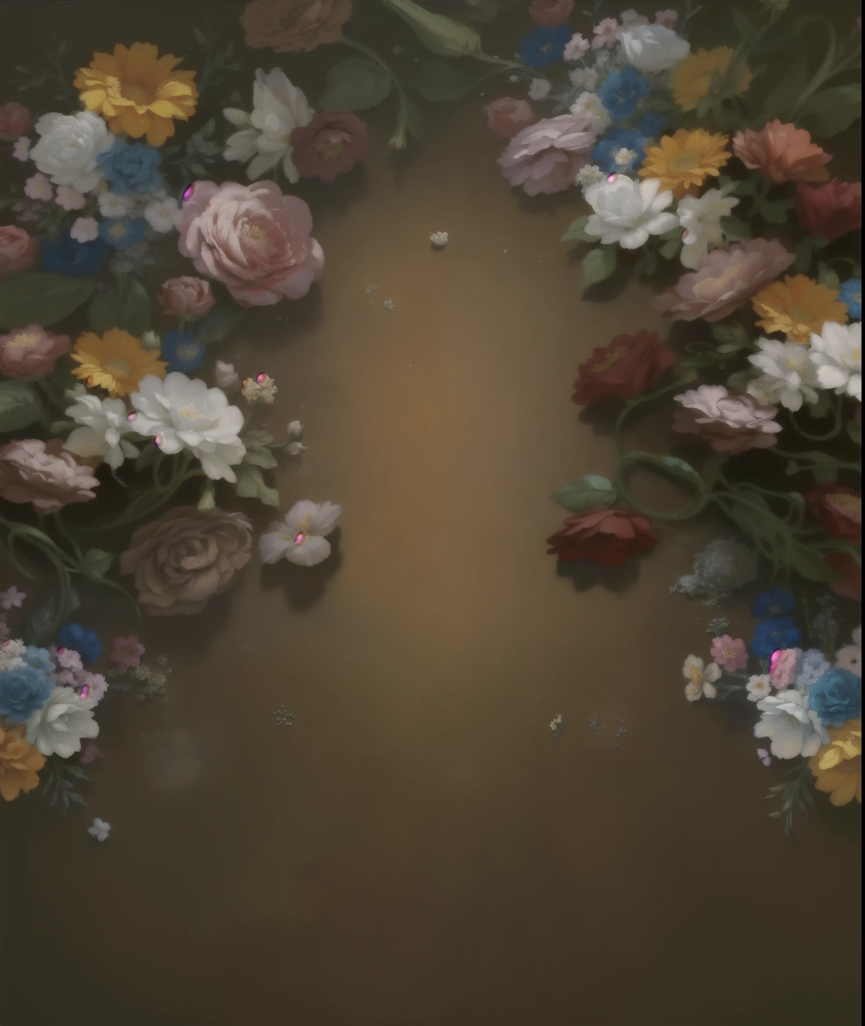There is a flower painting on a brown background on the table, Baroque style painting backdrop, Flower painting background, flowers in background, rural, smear flowers, flower bed on the floor, Baroque, flower storm portrait, floral background, Stunning mystery background, 3 2 x 3 2, flower explosion, gorgeous flowers, background portrait photo