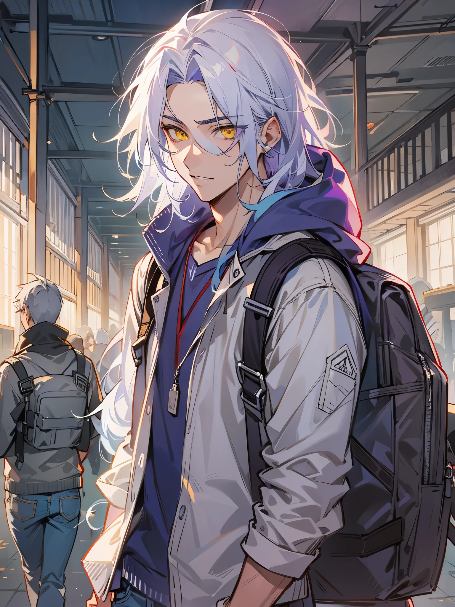 1male, Young Adult, Yellow Eyes, White Hair with Purple Highlights, Long Flowing Hair, Backpack, Jeans, Casual Clothes, Masculine, School, Beautiful Lighting