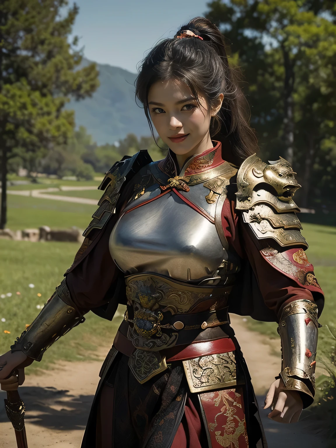 masterpiece,Best quality,HD quality,face close-up,A high resolution,8K,Ancient battlefield background, ((field:1.8)),(Female generals on the battlefield in the Han Dynasty),18-year-old girl,(long ponytail hairstyle),cparted lips,Full and erect breasts,Noble and charming,Elegant and serious,Chinese armor,sword, Chinese architecture, Brown cape,,The combination of white metal and red leather,chest armor,metallic luster,Leather buckle,Exquisite pattern,mysterious badge,Cool and gorgeouig breasts)),Chest groove,Three Kingdoms character painting style,Photo pose,oc render reflection texture,charming smile,Head-up shot,bright afternoon,woodland background