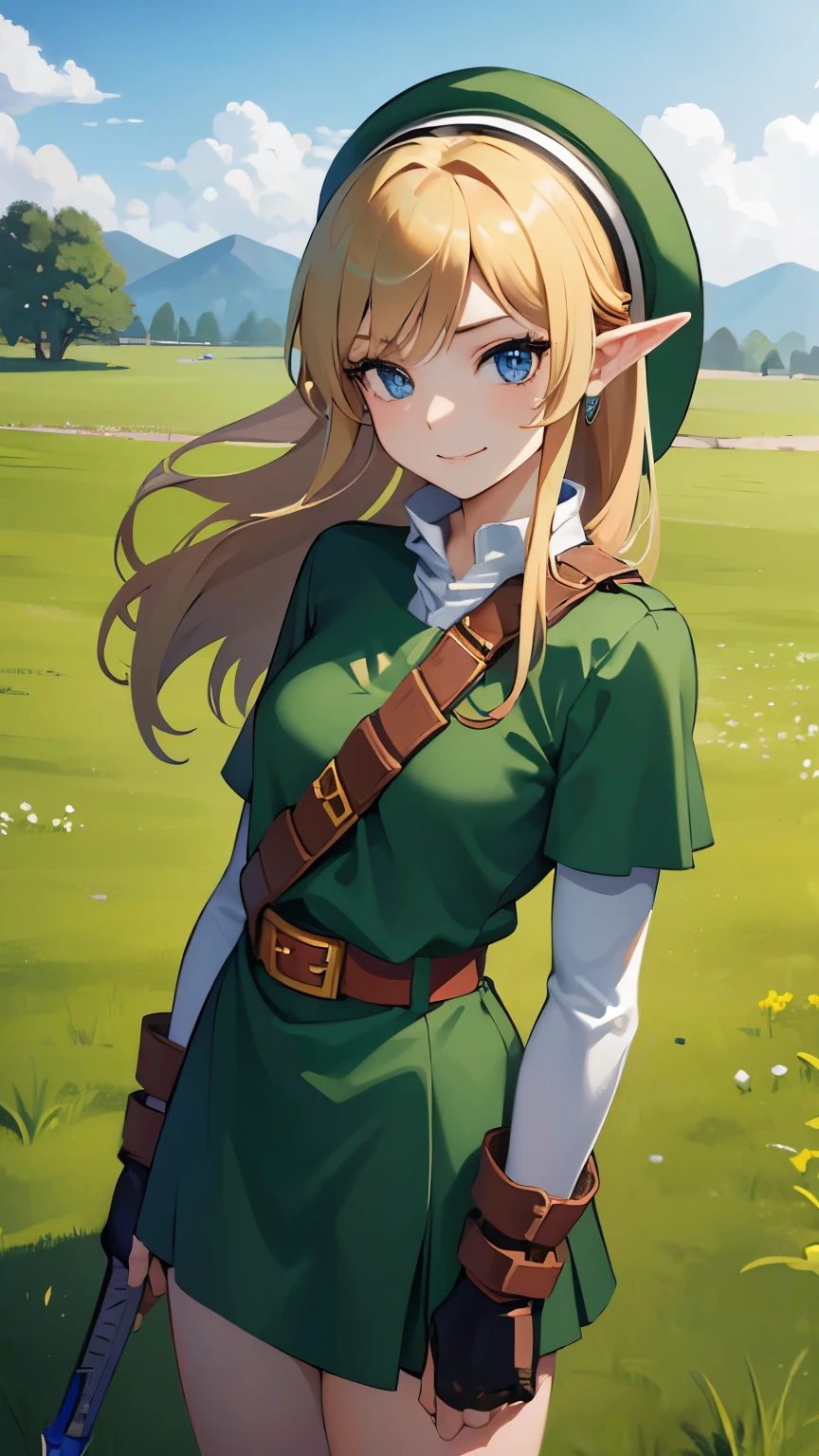 (masterpiece), best quality, expressive eyes, perfect face, highres, (female body:1.3),1 girl, solo, ootLink girl, hat, long hair, blonde hair, (green tunic), belt, fingerless gloves, boots, field, grass, trees, landscape, depth of field, smiling, standing, upper body portrait, looking at the viewer, from frontal, 