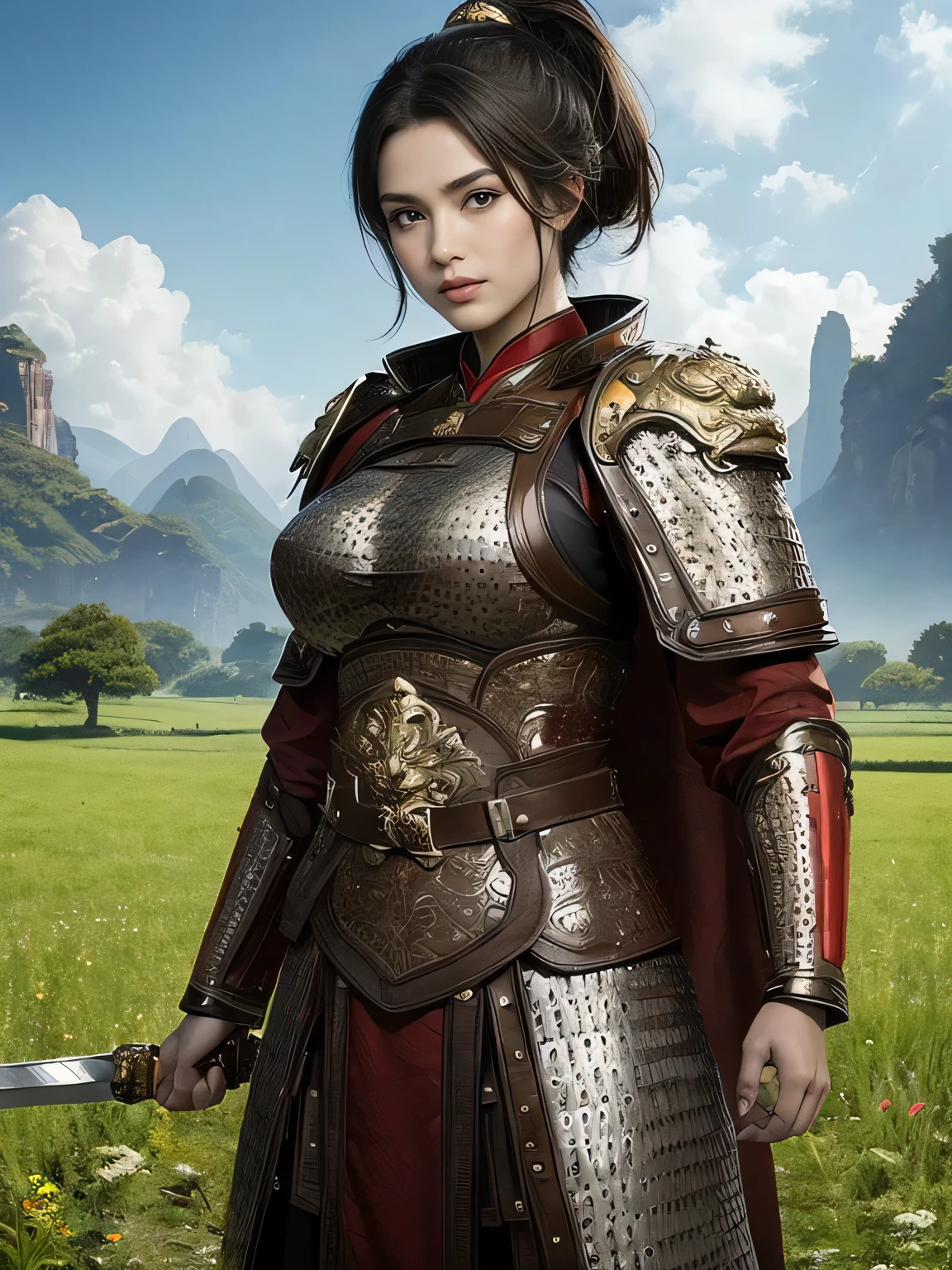 masterpiece，Best quality，HD quality，face close-up，A high resolution，8K，Ancient battlefield background, ((field：1.8))，(Female generals on the battlefield in the Han Dynasty)，18-year-old girl，（long ponytail hairstyle)，cparted lips，Full and erect breasts，Noble and charming，Elegant and serious，Chinese armor,sword, Chinese architecture, Brown cape，，The combination of white metal and red leather，chest armor，metallic luster，Leather buckle，Exquisite pattern，mysterious badge，Cool and gorgeouig breasts))，Chest groove，Three Kingdoms character painting style，Photo pose，oc render reflection texture，charming smile，Head-up shot，bright afternoon，woodland background