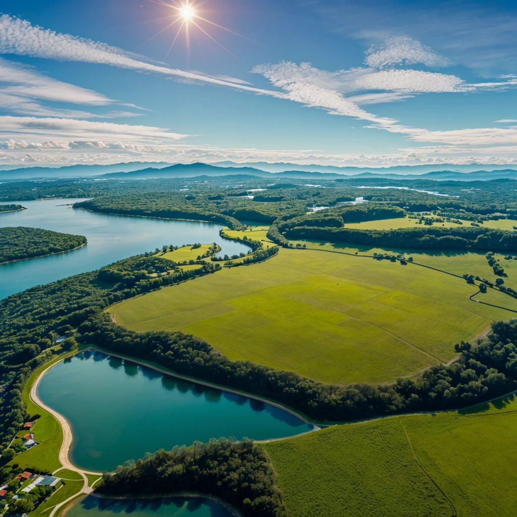 (best quality,4k,8k,highres,masterpiece:1.2),ultra-detailed,realistic,photorealistic:1.37,aerial view,landscape,beautiful detailed scenery,vibrant colors,peaceful atmosphere,fine brushstrokes,lush greenery,gentle slopes,tranquil water bodies,rolling hills,sunlit clouds,distant horizon line,impressive scale,a sense of vastness,soft sunlight,harmonious color palette,calm and serene ambiance,immersive depth,crisp and clear details,subtle variations in texture,sun-drenched landscape,soaring aerial perspective,expansive view,overlooking nature's beauty,dreamy and ethereal,fresh air and open skies